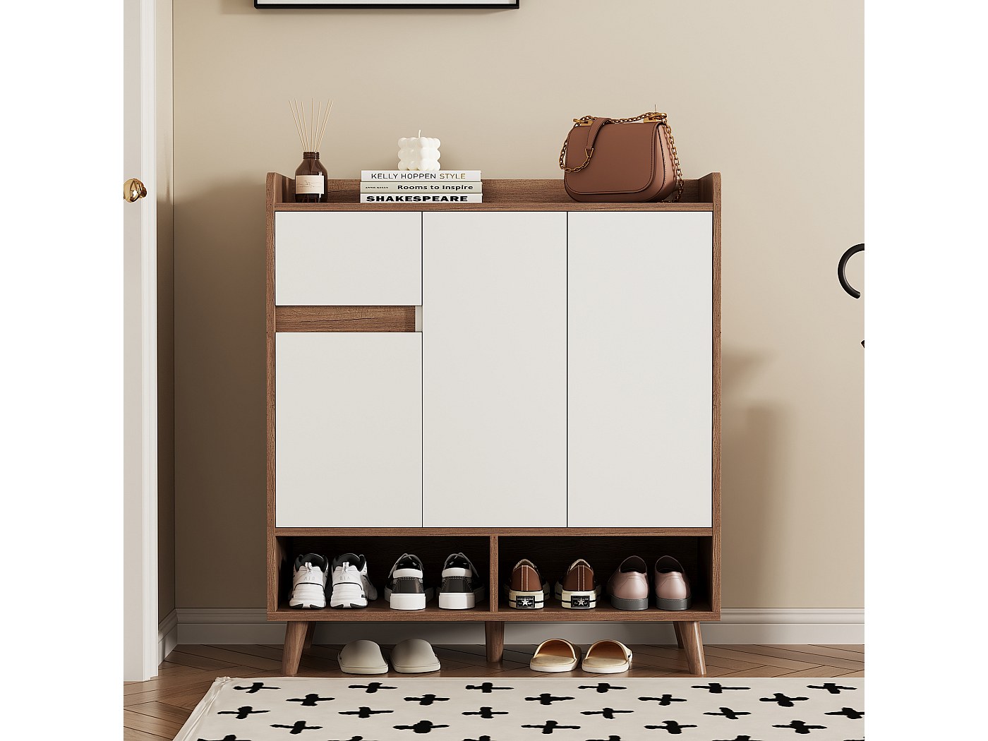 Scarpiera moderna con ante in vetro e luci LED, 6 ripiani, organizer per corridoio e soggiorno