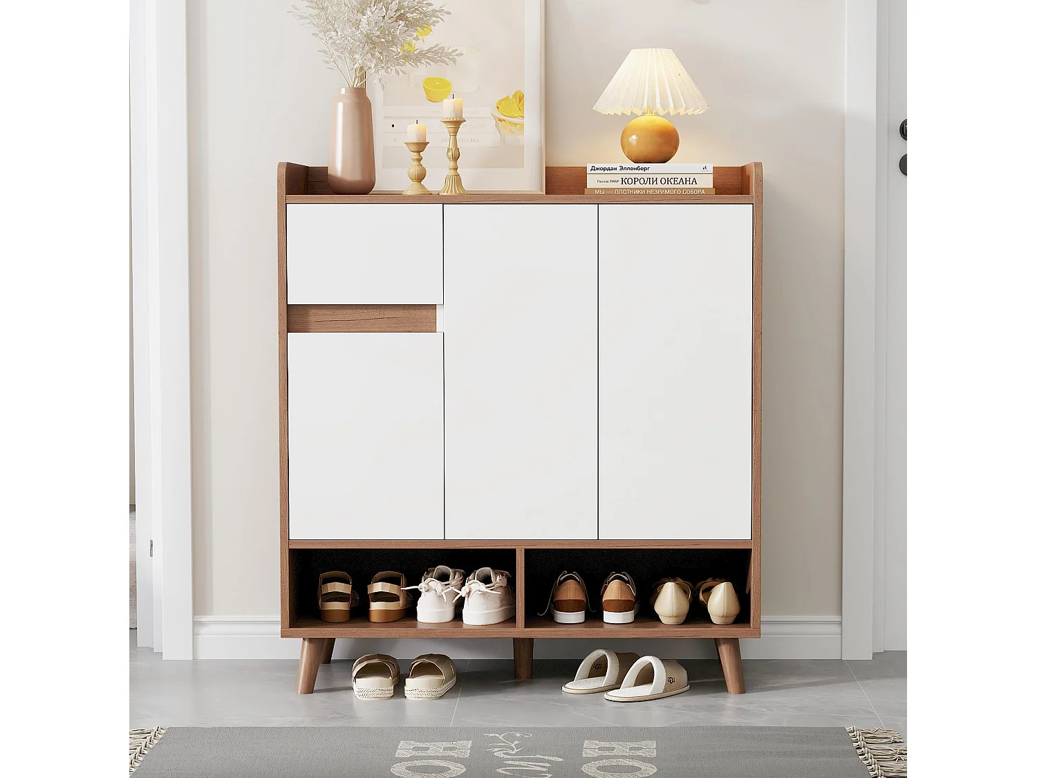 Zapatero - 90 x 35 x 99 cm - con estantes ajustables + 1 cajón + 3 puertas - aglomerado - blanco