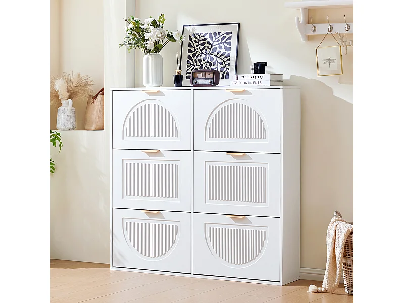 Meuble à chaussures - 118 x 25 x 115 - avec 6 compartiments à rabat + étagères ouvertes - pour entrée + couloir - MDF - blanc