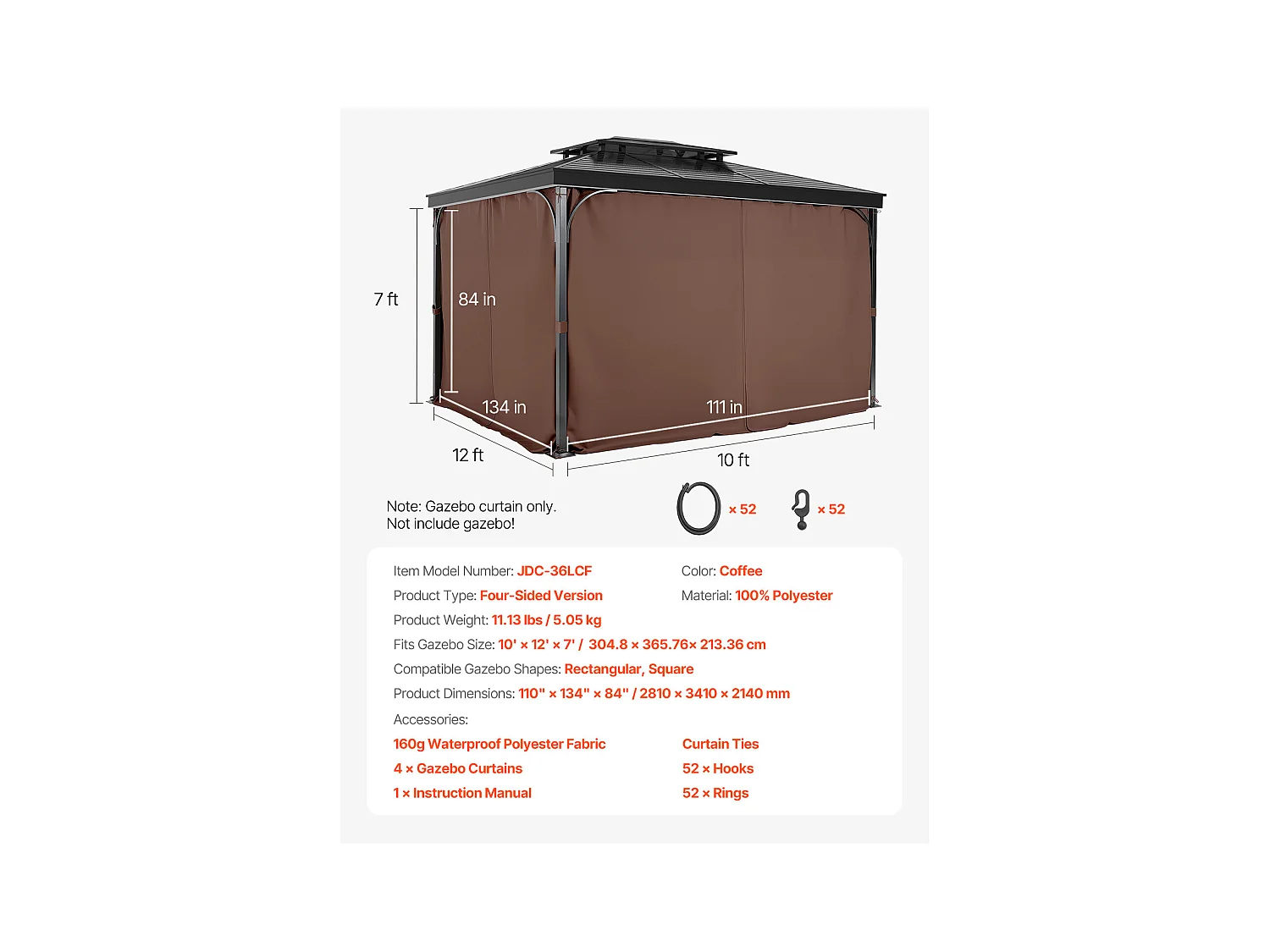 Rideau d'Intimité Imperméable Tonnelle SucceBuy Rideau d'Intimité Imperméable en Polyester pour Tonnelle 365.76 × 304.8 × 213.36 cm Café