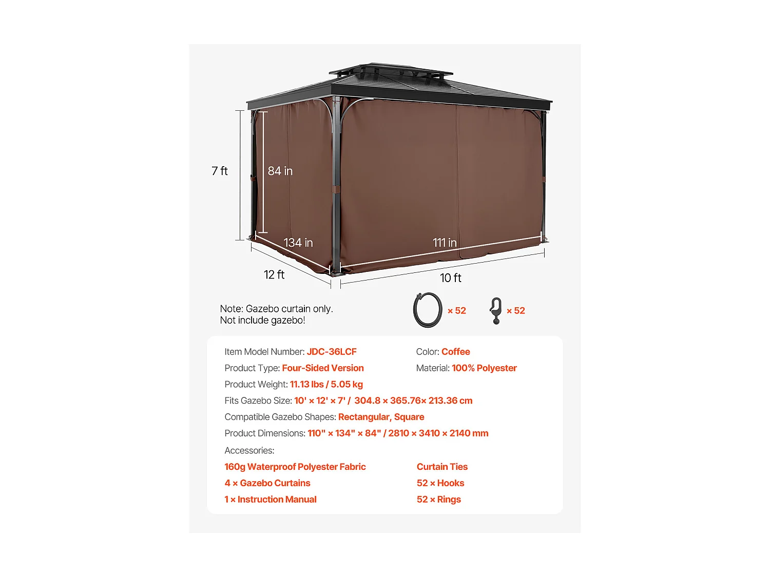 Rideau d'Intimité Imperméable Tonnelle SucceBuy Rideau d'Intimité Imperméable en Polyester pour Tonnelle 365.76 × 304.8 × 213.36 cm Café