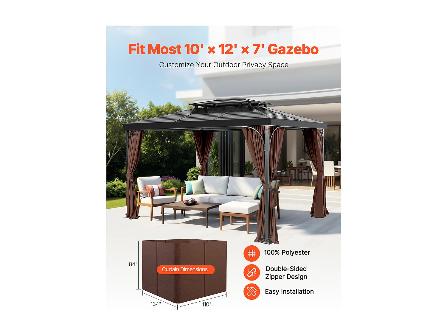 Rideau d'Intimité Imperméable Tonnelle SucceBuy Rideau d'Intimité Imperméable en Polyester pour Tonnelle 365.76 × 304.8 × 213.36 cm Café