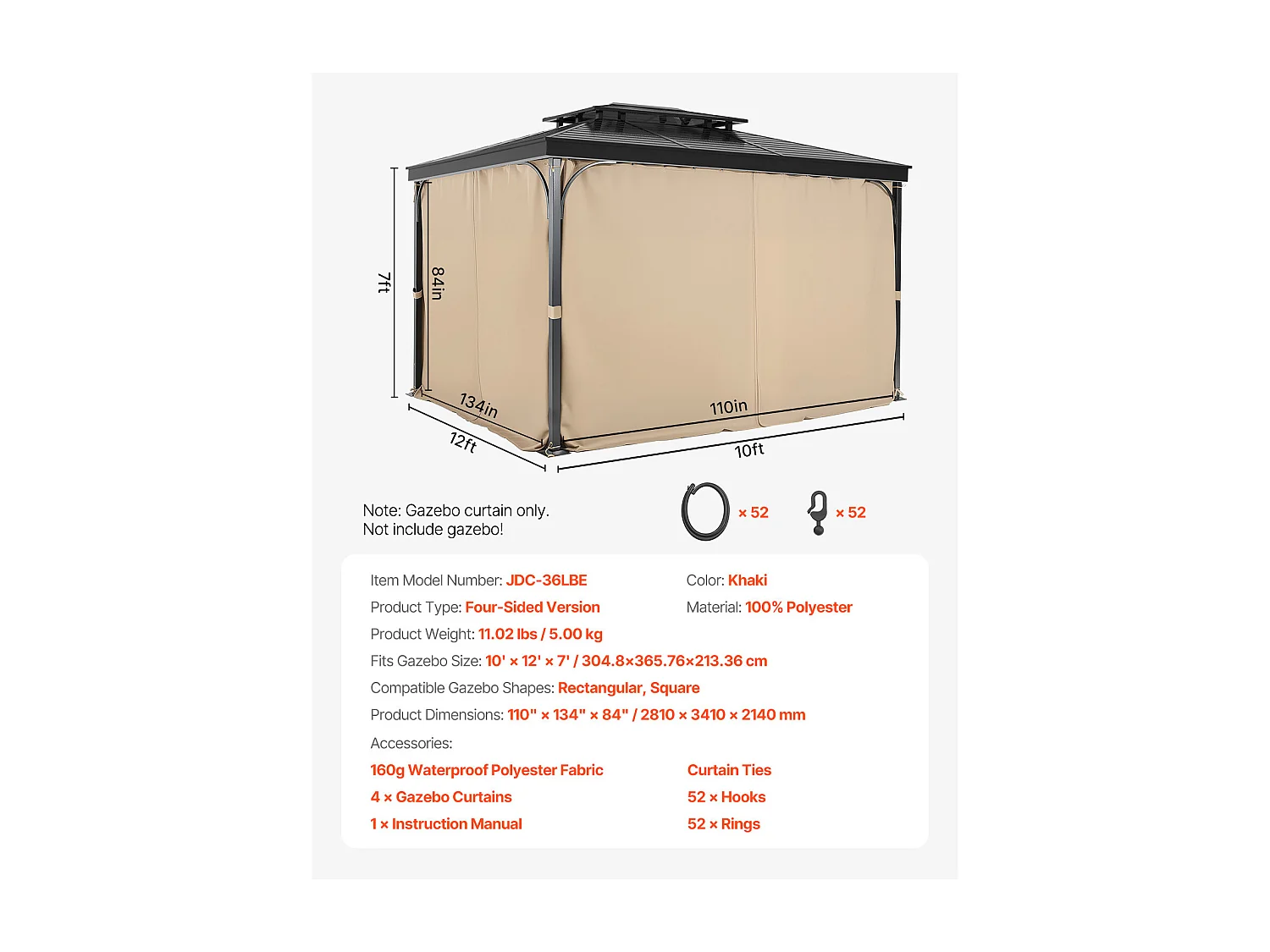 Cortina de Privacidad Impermeable para Cenador SucceBuy Cortina de Privacidad Impermeable para Cenador, 4 Paneles, 365.76 × 304.8 × 213.36 cm, Caqui