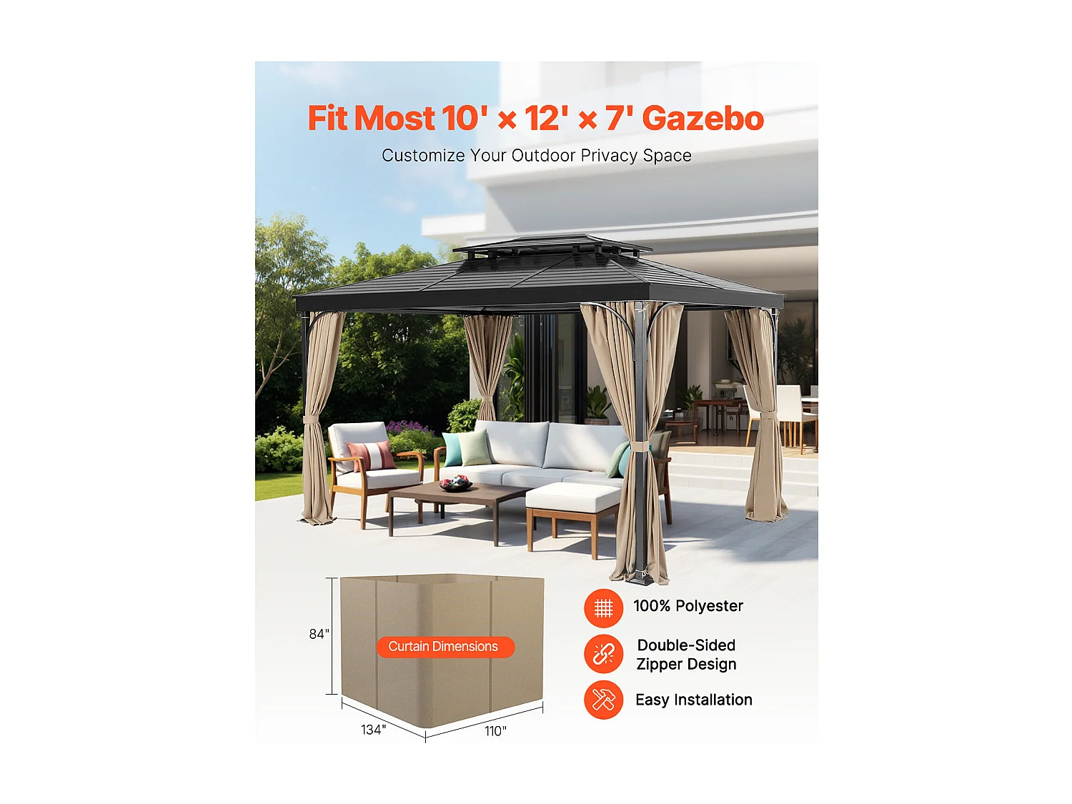 Cortina de Privacidad Impermeable para Cenador SucceBuy Cortina de Privacidad Impermeable para Cenador, 4 Paneles, 365.76 × 304.8 × 213.36 cm, Caqui