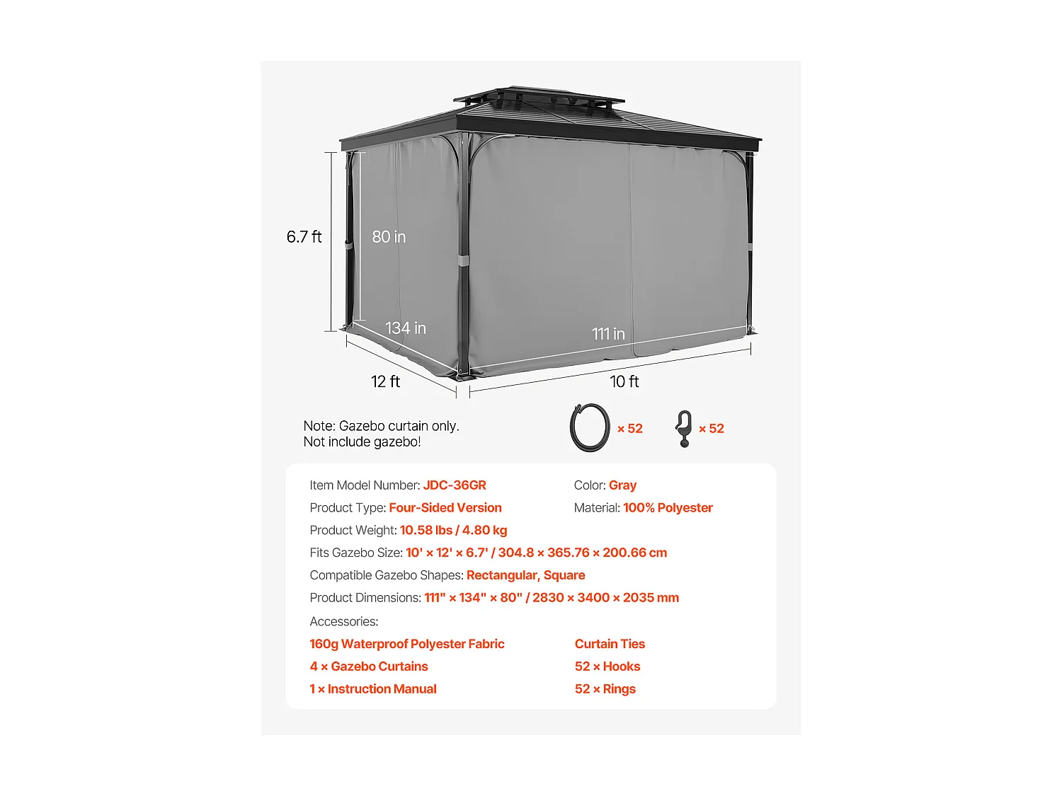 Rideau d'Intimité Imperméable Tonnelle SucceBuy Rideau d'Intimité Imperméable pour Tonnelle 4 Panneaux 365.76 × 304.8 × 204.21 cm Gris