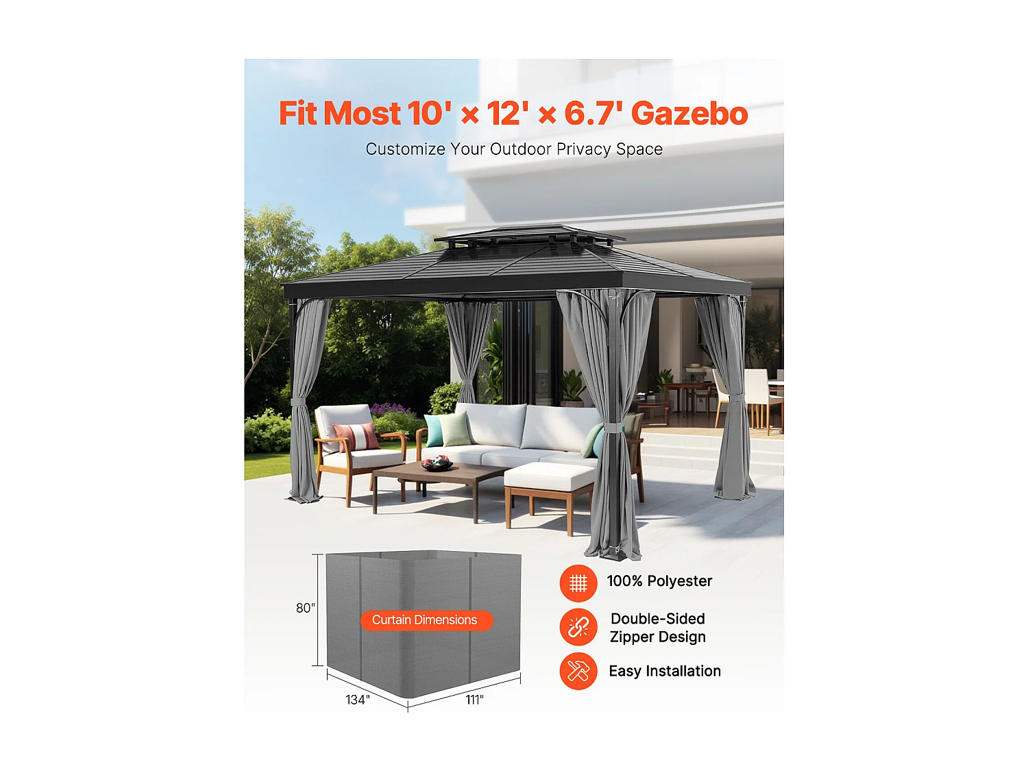 Rideau d'Intimité Imperméable Tonnelle SucceBuy Rideau d'Intimité Imperméable pour Tonnelle 4 Panneaux 365.76 × 304.8 × 204.21 cm Gris