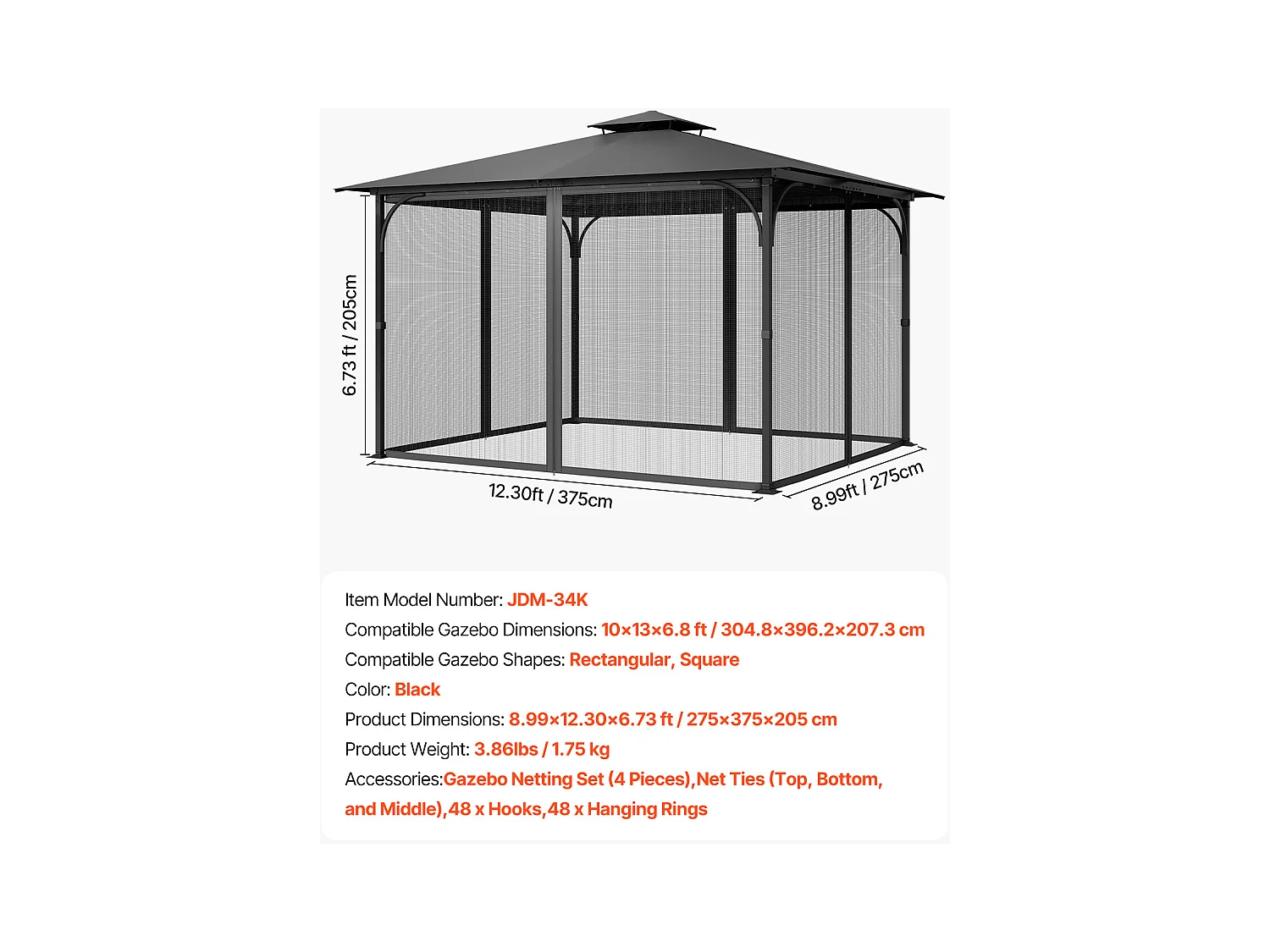 Tonnelle Barnum de Jardin SucceBuy Moustiquaire pour Tonnelle de Jardin 304,8 x 396,2 x 207,3 cm, Filet Uniquement