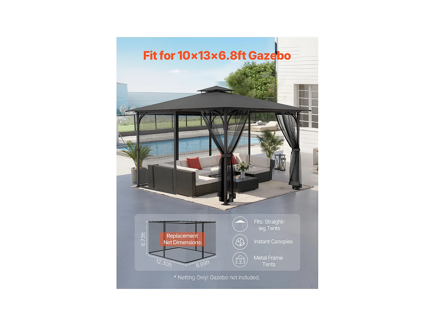Tuintent SucceBuy Gazebo-Muggennet 304,8 x 396,2 x 207,3 cm, Gaasnet voor Buitengazebo met Dubbele Rits, Insectengordijn voor Tuinpatio, Alleen het Net