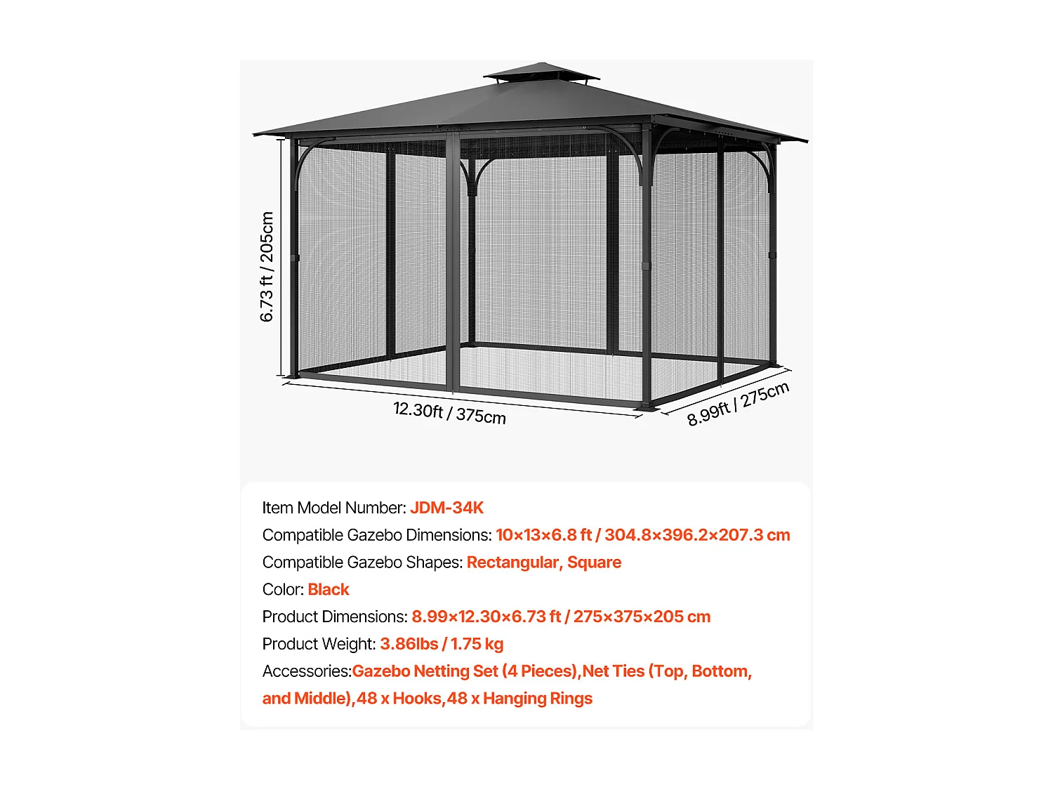 Tuintent SucceBuy Gazebo-Muggennet 304,8 x 396,2 x 207,3 cm, Gaasnet voor Buitengazebo met Dubbele Rits, Insectengordijn voor Tuinpatio, Alleen het Net