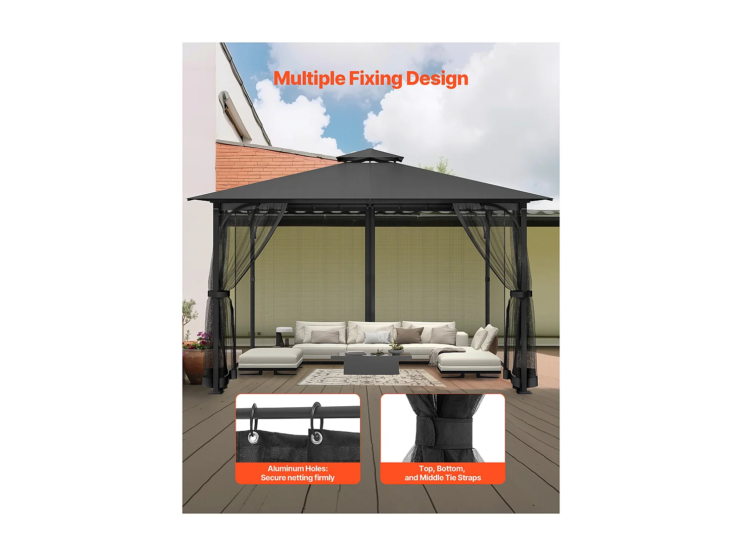 Tuintent SucceBuy Gazebo-Muggennet 304,8 x 396,2 x 207,3 cm, Gaasnet voor Buitengazebo met Dubbele Rits, Insectengordijn voor Tuinpatio, Alleen het Net