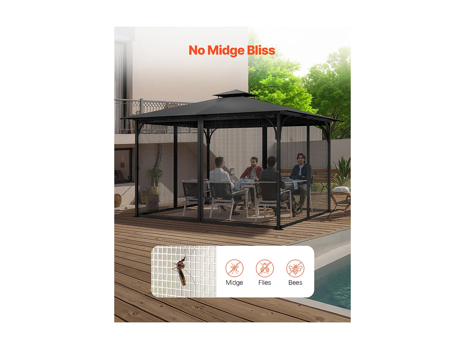 Tuintent SucceBuy Gazebo-Muggennet 304,8 x 396,2 x 207,3 cm, Gaasnet voor Buitengazebo met Dubbele Rits, Insectengordijn voor Tuinpatio, Alleen het Net