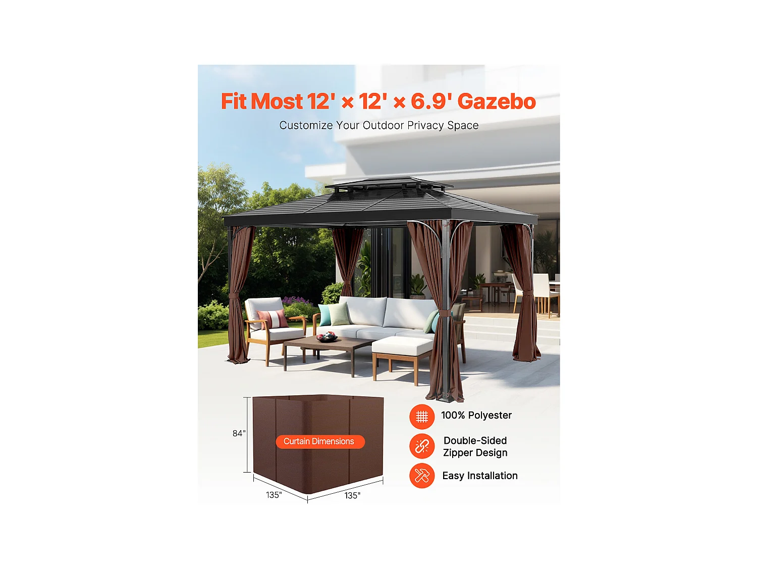 Rideau d'Intimité Imperméable Tonnelle SucceBuy Rideau de Confidentialité Imperméable pour Gazebo 365.76 × 365.76 × 210.31 cm, Couleur Café