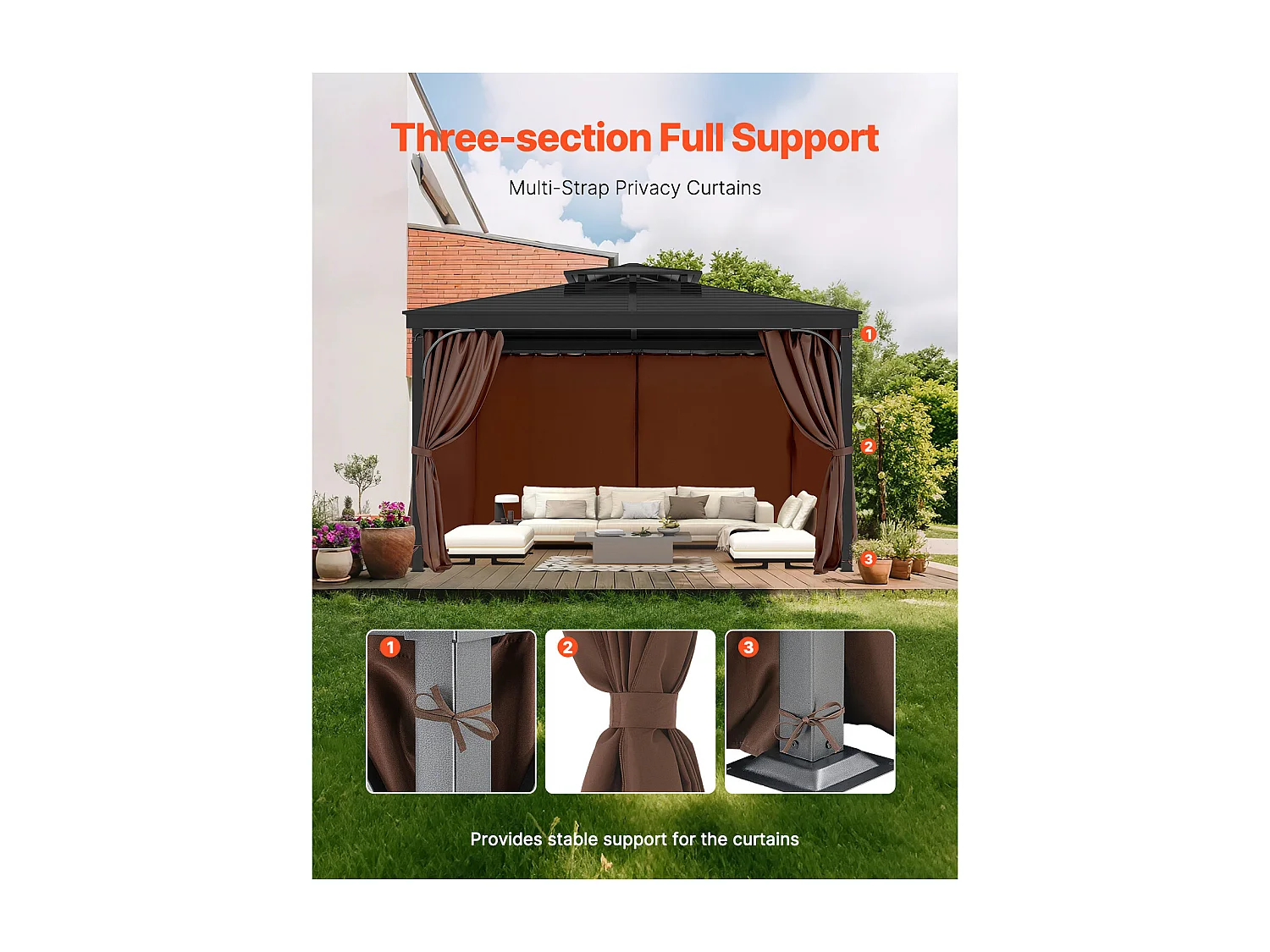 Rideau d'Intimité Imperméable Tonnelle SucceBuy Rideau de Confidentialité Imperméable pour Gazebo 365.76 × 365.76 × 210.31 cm, Couleur Café