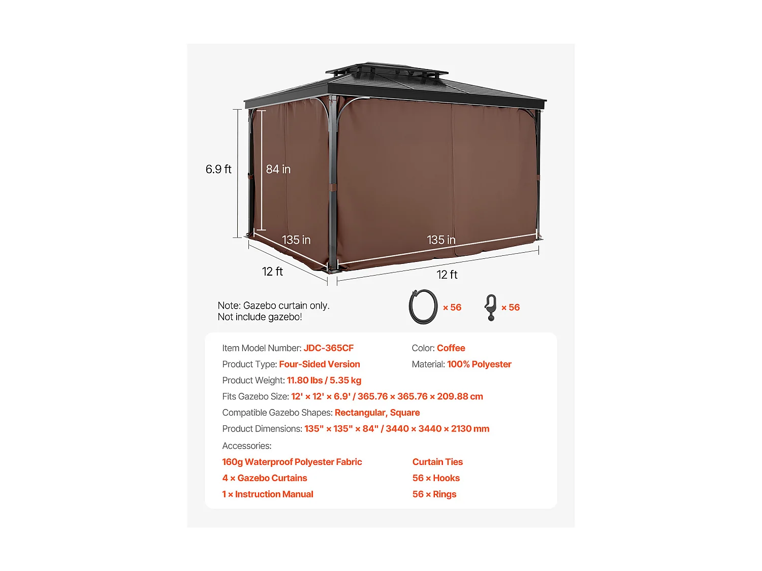 Rideau d'Intimité Imperméable Tonnelle SucceBuy Rideau de Confidentialité Imperméable pour Gazebo 365.76 × 365.76 × 210.31 cm, Couleur Café