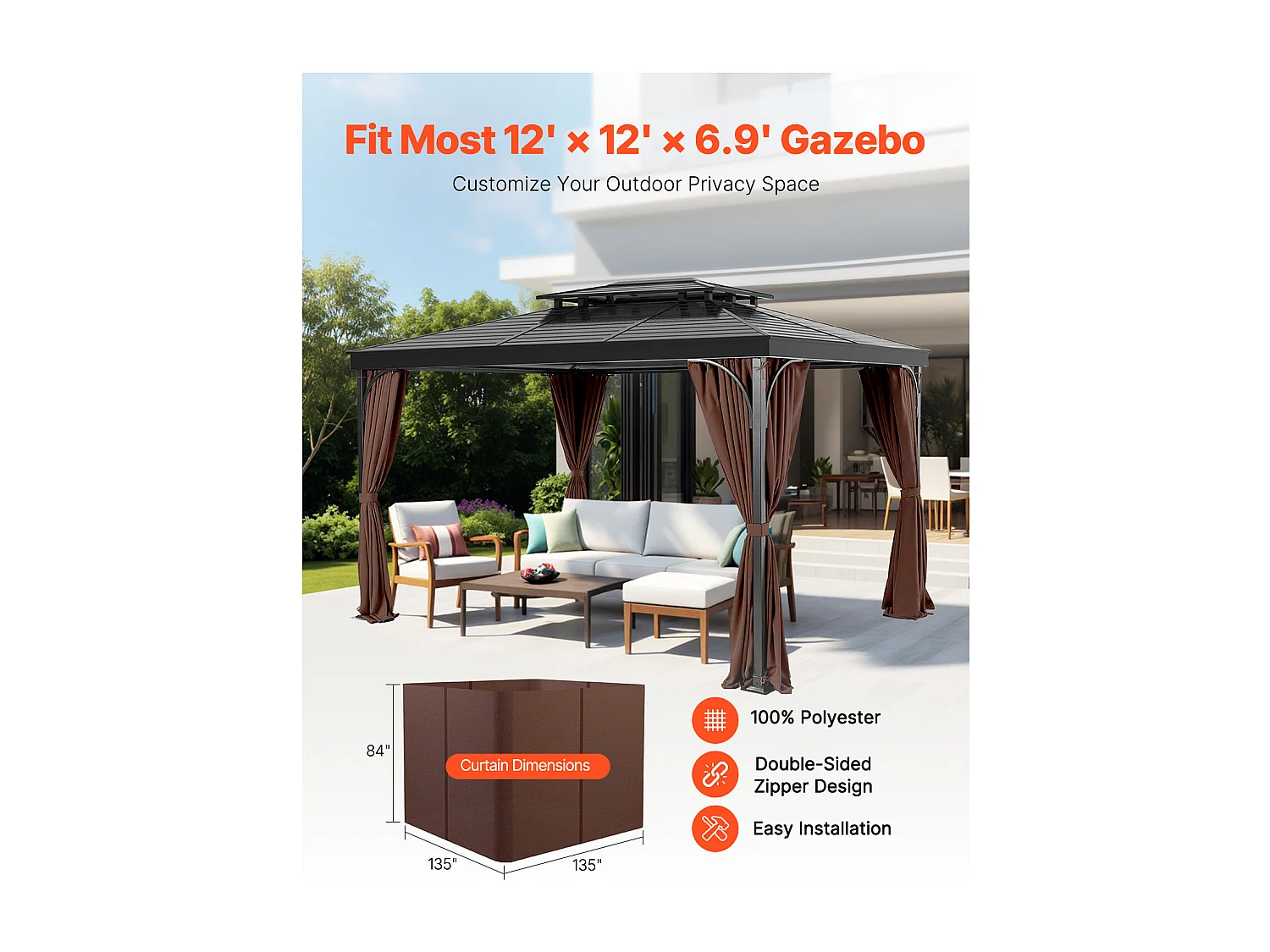 Rideau d'Intimité Imperméable Tonnelle SucceBuy Rideau de Confidentialité Imperméable pour Gazebo 365.76 × 365.76 × 210.31 cm, Couleur Café