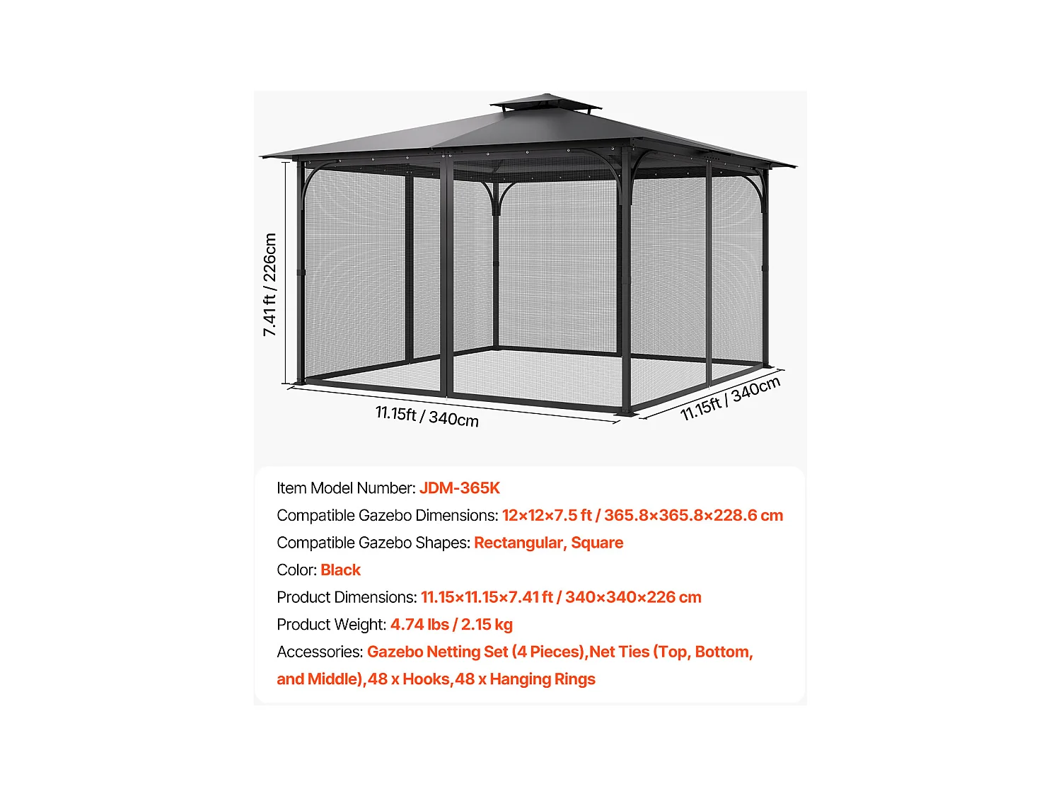 Tonnelle Barnum de Jardin SucceBuy Filet de Remplacement pour Tonnelle de Patio de 3,6 m x 3,6 m x 2,3 m (12 x 12 x 7,5 pi), Filet Uniquement