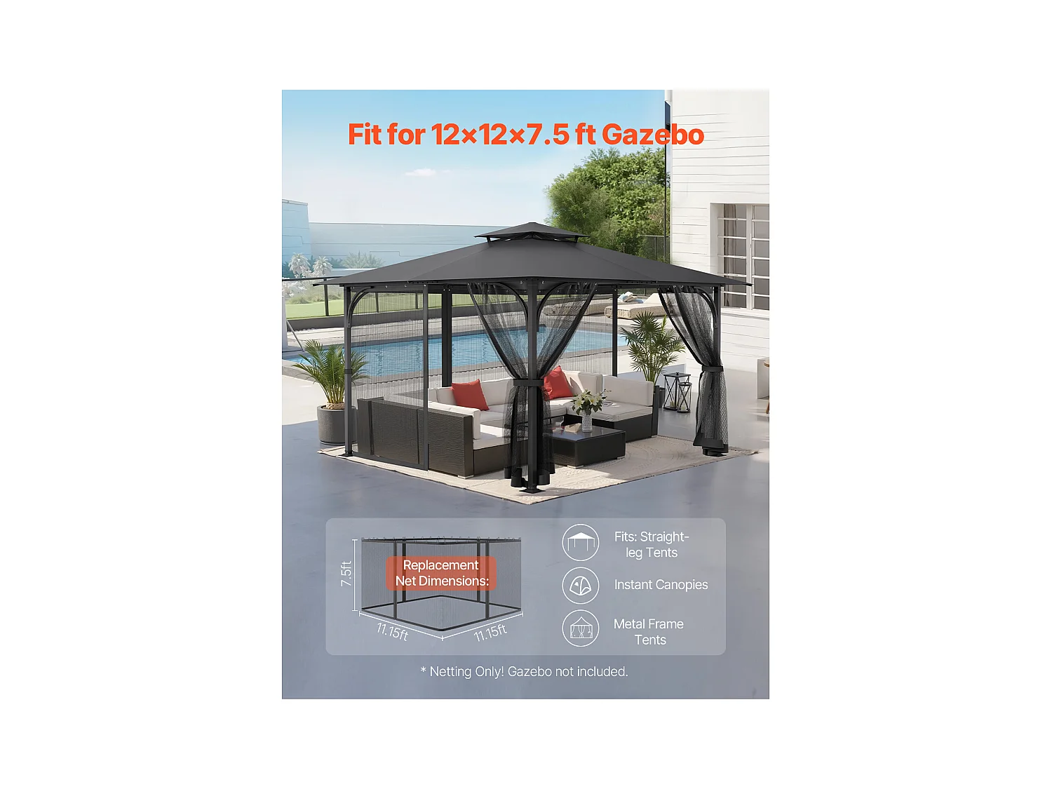 Tonnelle Barnum de Jardin SucceBuy Filet de Remplacement pour Tonnelle de Patio de 3,6 m x 3,6 m x 2,3 m (12 x 12 x 7,5 pi), Filet Uniquement