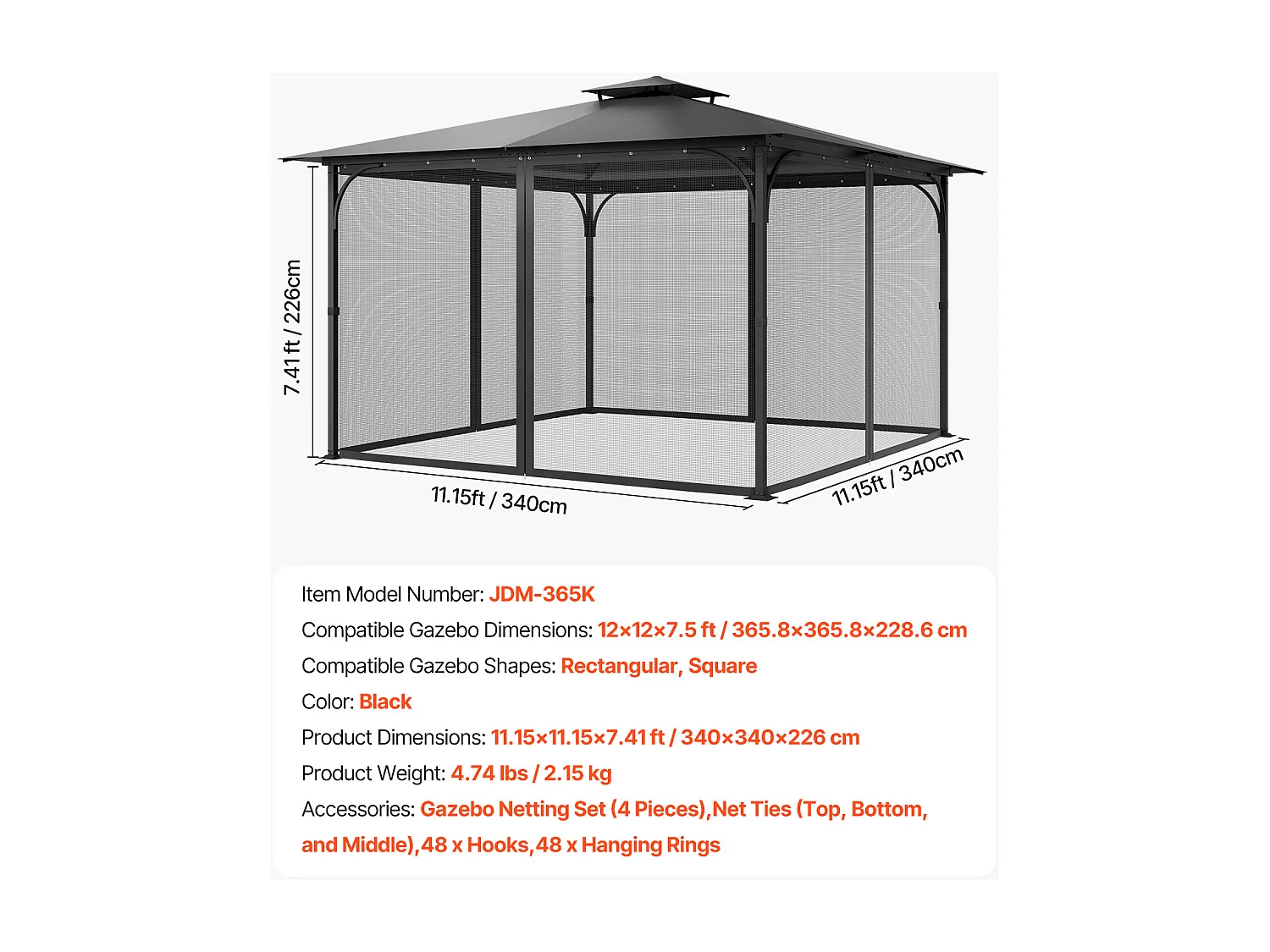 Tonnelle Barnum de Jardin SucceBuy Filet de Remplacement pour Tonnelle de Patio de 3,6 m x 3,6 m x 2,3 m (12 x 12 x 7,5 pi), Filet Uniquement