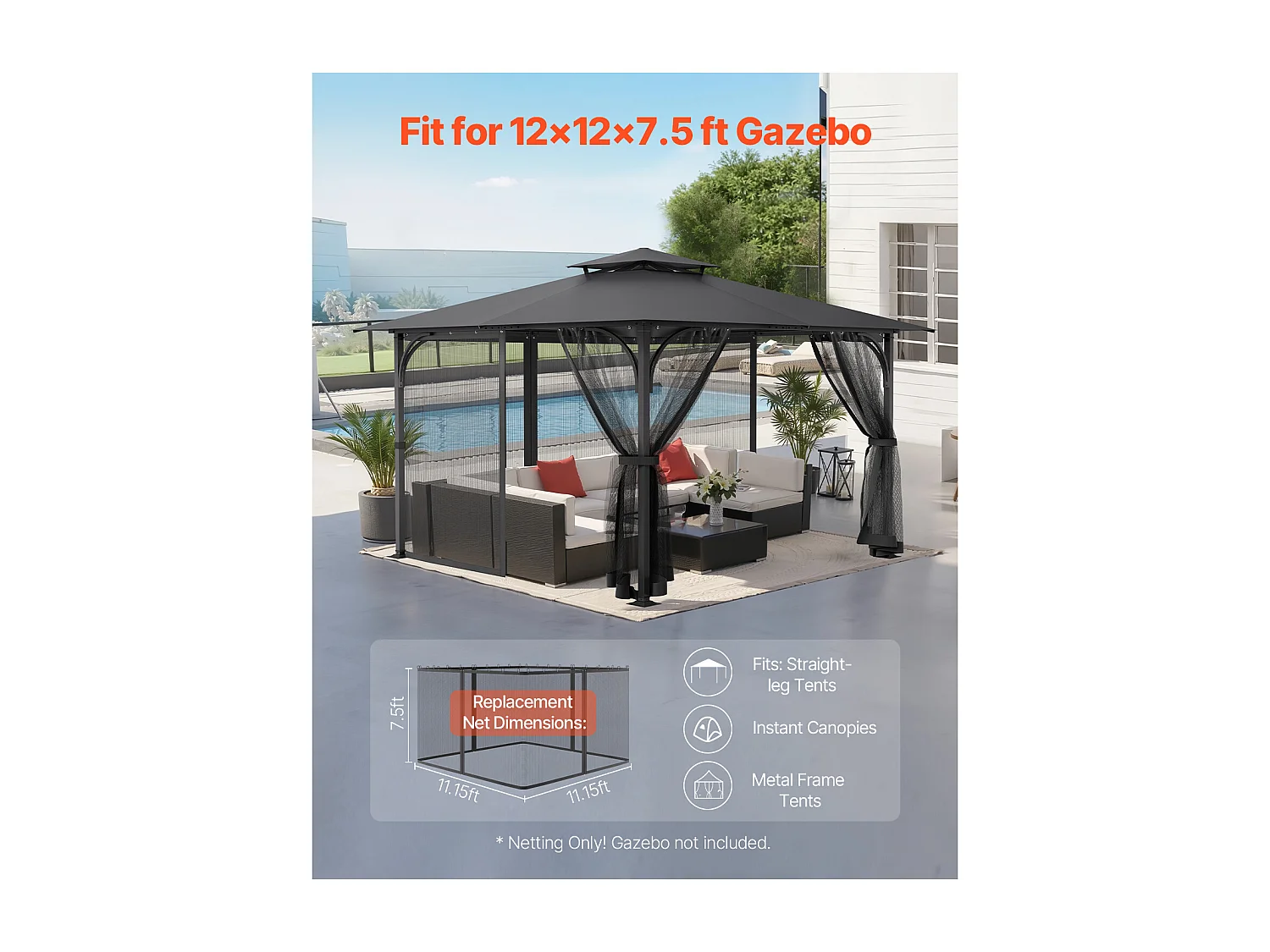 Tonnelle Barnum de Jardin SucceBuy Filet de Remplacement pour Tonnelle de Patio de 3,6 m x 3,6 m x 2,3 m (12 x 12 x 7,5 pi), Filet Uniquement