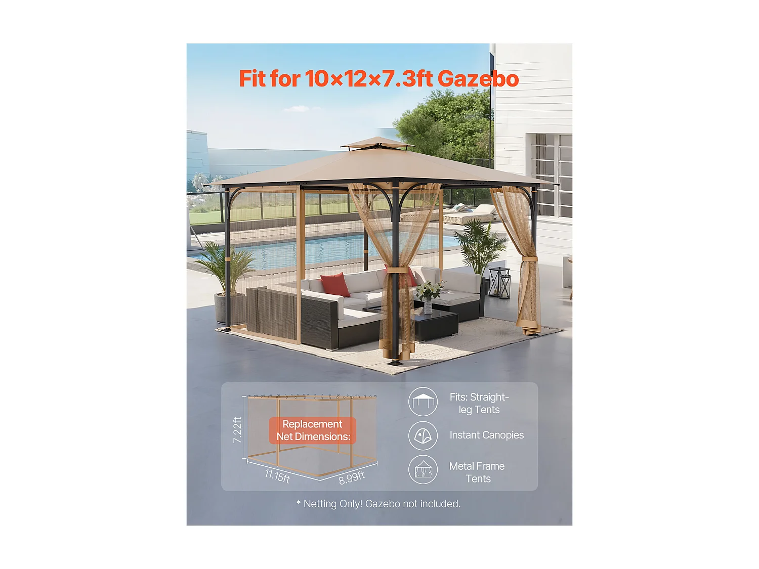 Gartenzelt SucceBuy Ersatz-Fliegengitter für Terrassenpavillon (304.8 x 365.76 x 222.5 cm), Nur Netz