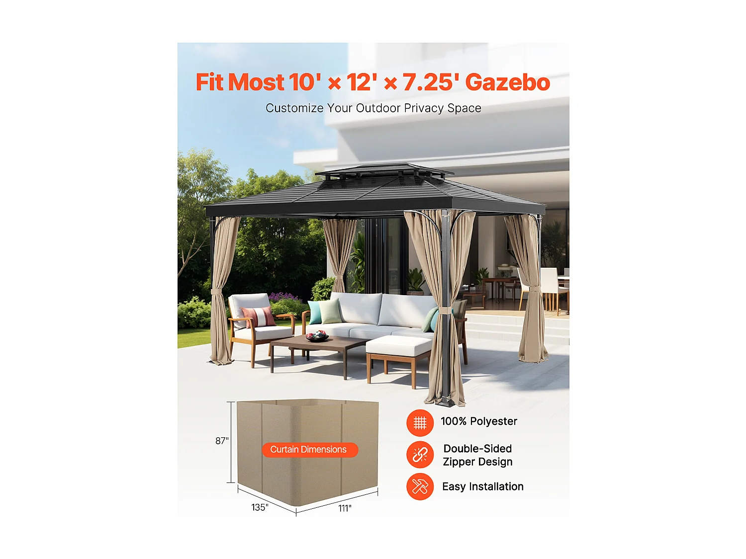 Rideau d'Intimité Imperméable Tonnelle SucceBuy Rideau d'Intimité Imperméable en Polyester pour Tonnelle 365.76 × 304.8 × 222.50 cm Kaki