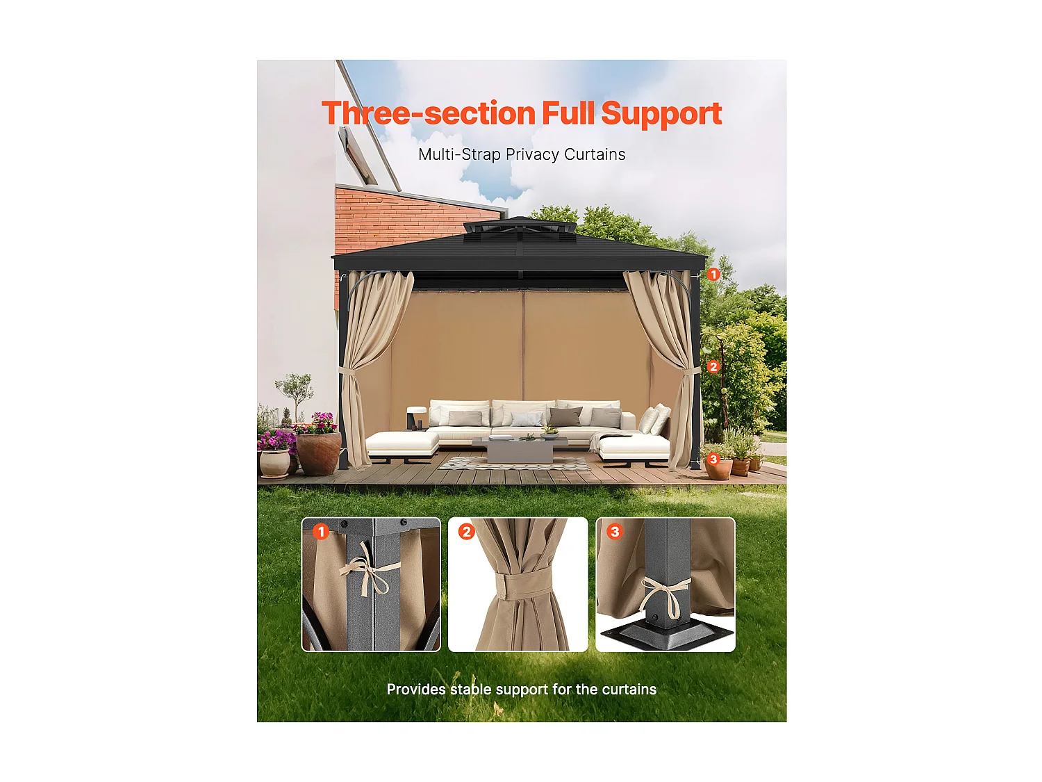 Rideau d'Intimité Imperméable Tonnelle SucceBuy Rideau d'Intimité Imperméable en Polyester pour Tonnelle 365.76 × 304.8 × 222.50 cm Kaki