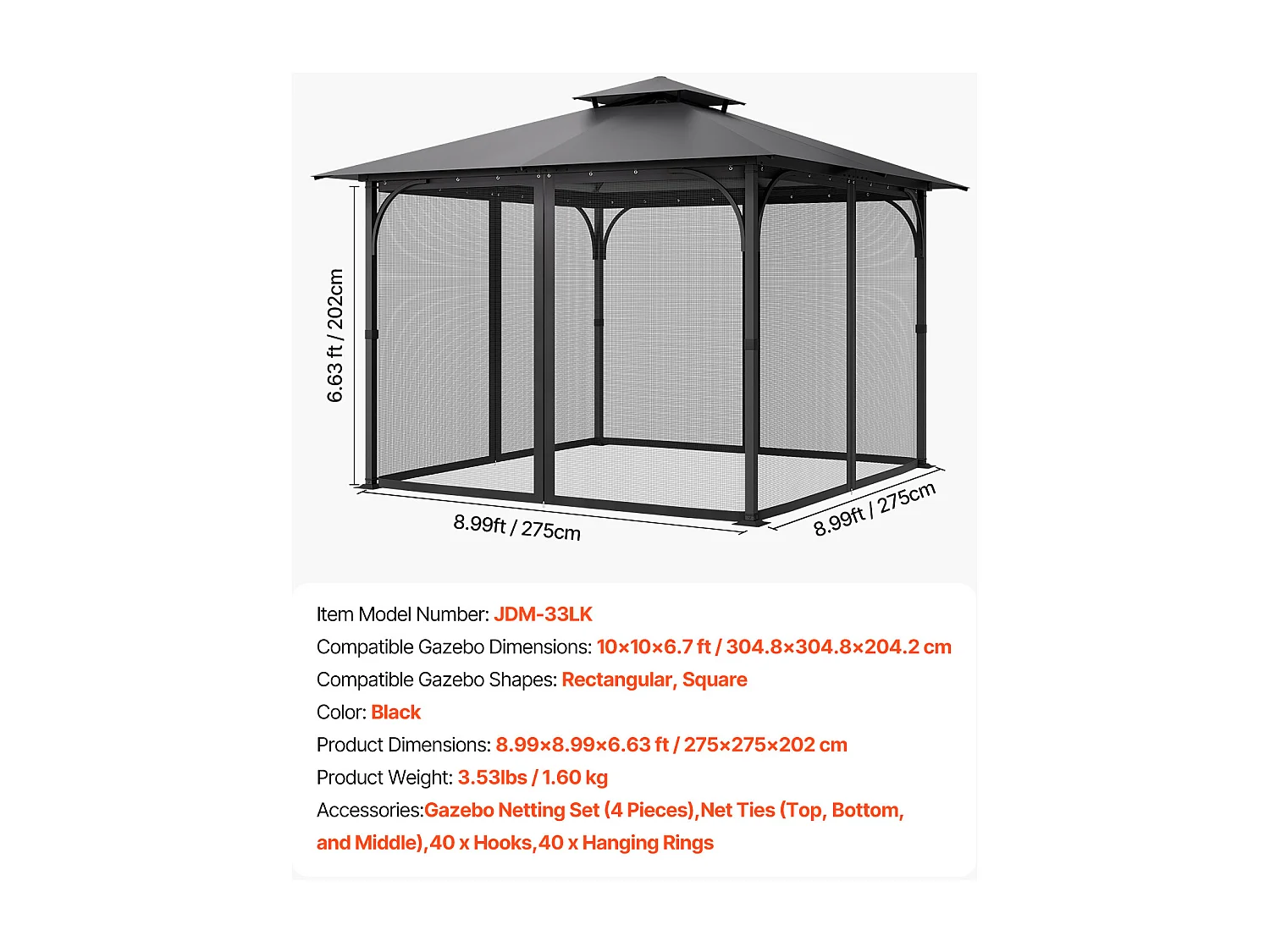 Tonnelle Barnum de Jardin SucceBuy Moustiquaire pour Pavillon de Jardin 305 x 305 x 204 cm - Filet Seulement