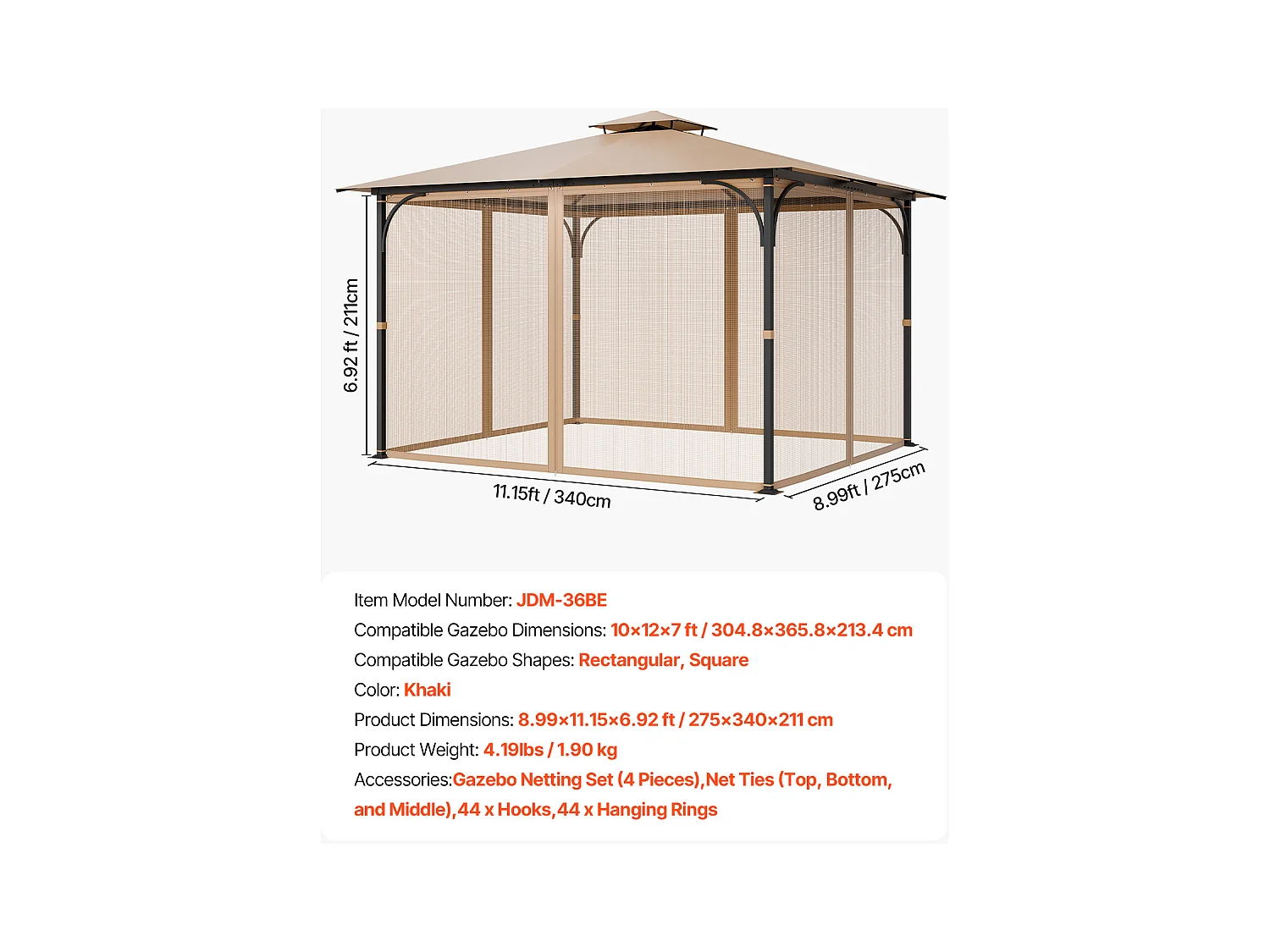 Écran de Remplacement pour Tonnelle de Patio de 304.8 x 365.76 x 213.3 cm, Filet de Tonnelle Barnum de Jardin SucceBuy, Filet Uniquement