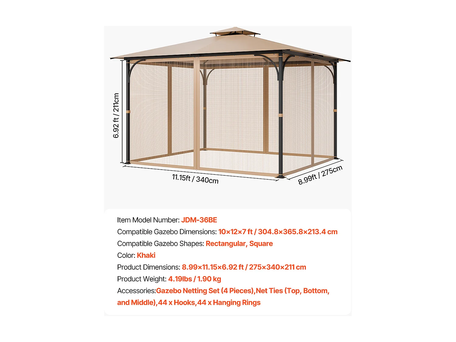 Écran de Remplacement pour Tonnelle de Patio de 304.8 x 365.76 x 213.3 cm, Filet de Tonnelle Barnum de Jardin SucceBuy, Filet Uniquement