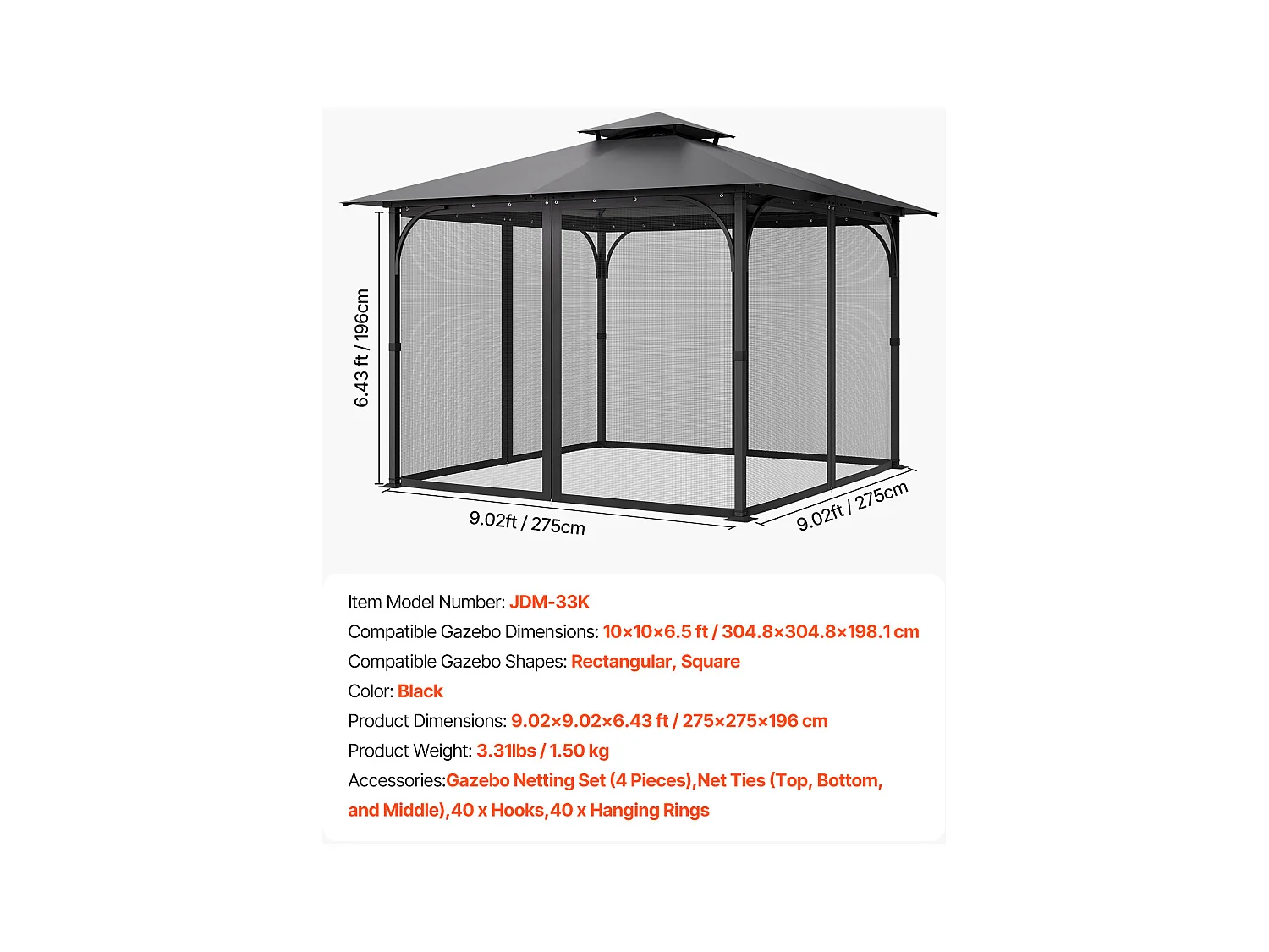 Tonnelle Barnum de Jardin SucceBuy Moustiquaire pour Pavillon de Jardin 305 x 305 x 198 cm - Filet Inclus