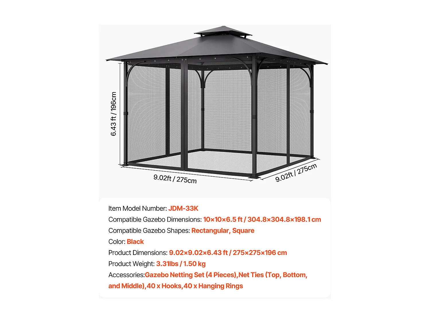 Tonnelle Barnum de Jardin SucceBuy Moustiquaire pour Pavillon de Jardin 305 x 305 x 198 cm - Filet Inclus