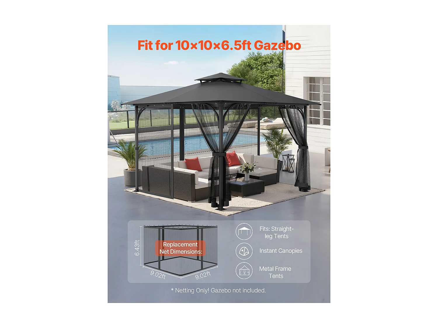 Tonnelle Barnum de Jardin SucceBuy Moustiquaire pour Pavillon de Jardin 305 x 305 x 198 cm - Filet Inclus