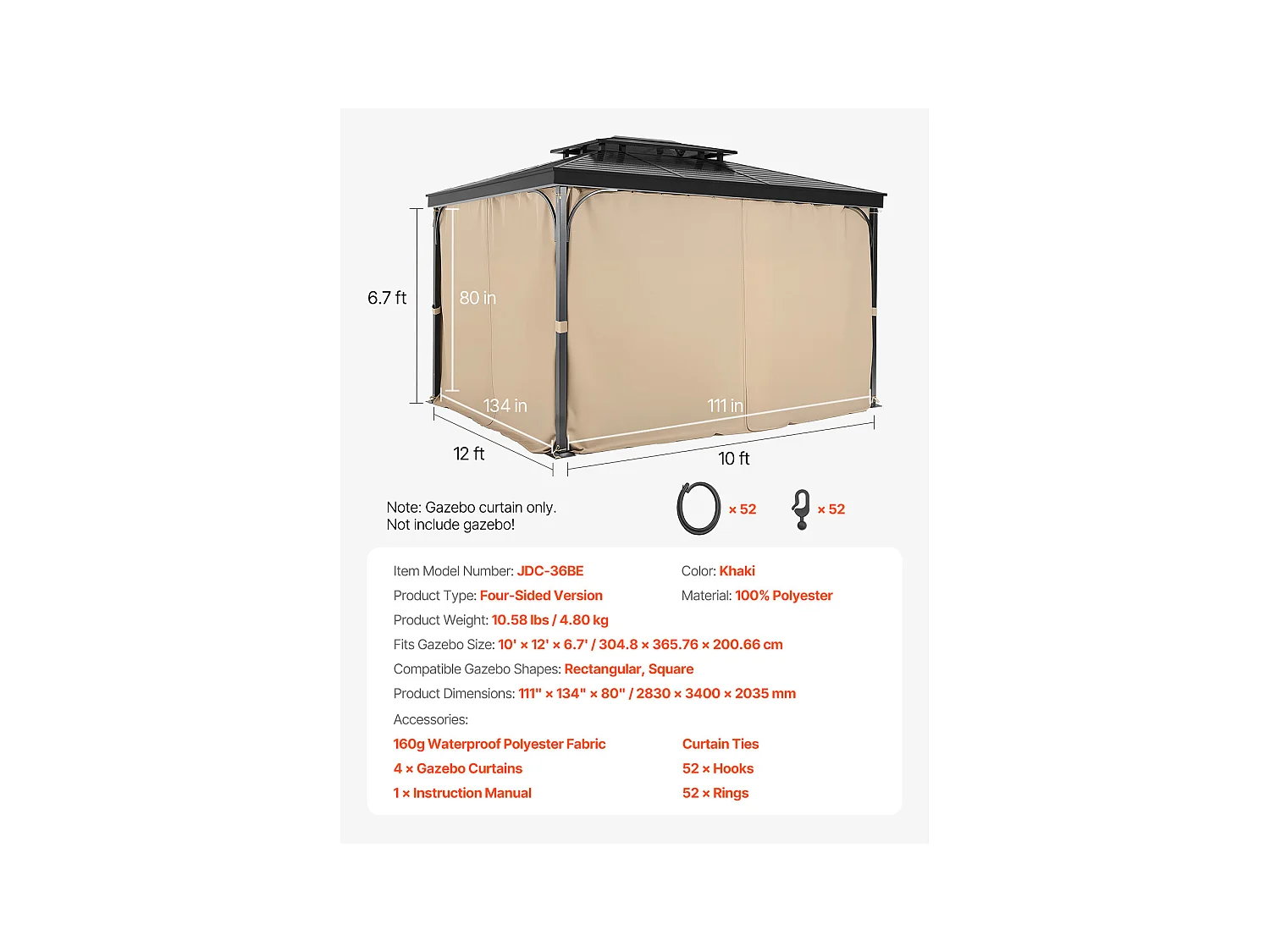 Tenda Impermeabile per la Privacy per Gazebo SucceBuy Tenda per Privacy Impermeabile per Gazebo, 4 Pannelli, 365.76 × 304.8 × 204.21 cm, Kaki