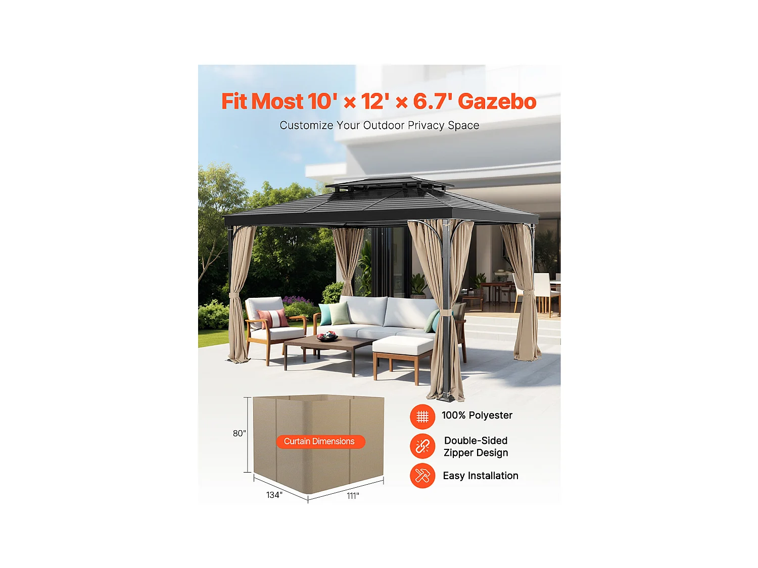 Tenda Impermeabile per la Privacy per Gazebo SucceBuy Tenda per Privacy Impermeabile per Gazebo, 4 Pannelli, 365.76 × 304.8 × 204.21 cm, Kaki