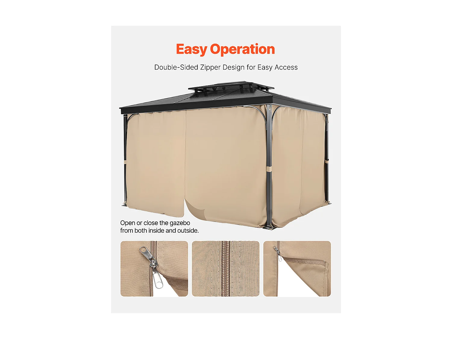 Rideau d'Intimité Imperméable Tonnelle SucceBuy Rideau Imperméable pour Tonnelle 4 Panneaux 365.76 × 304.8 × 204.21 cm Couleur Kaki