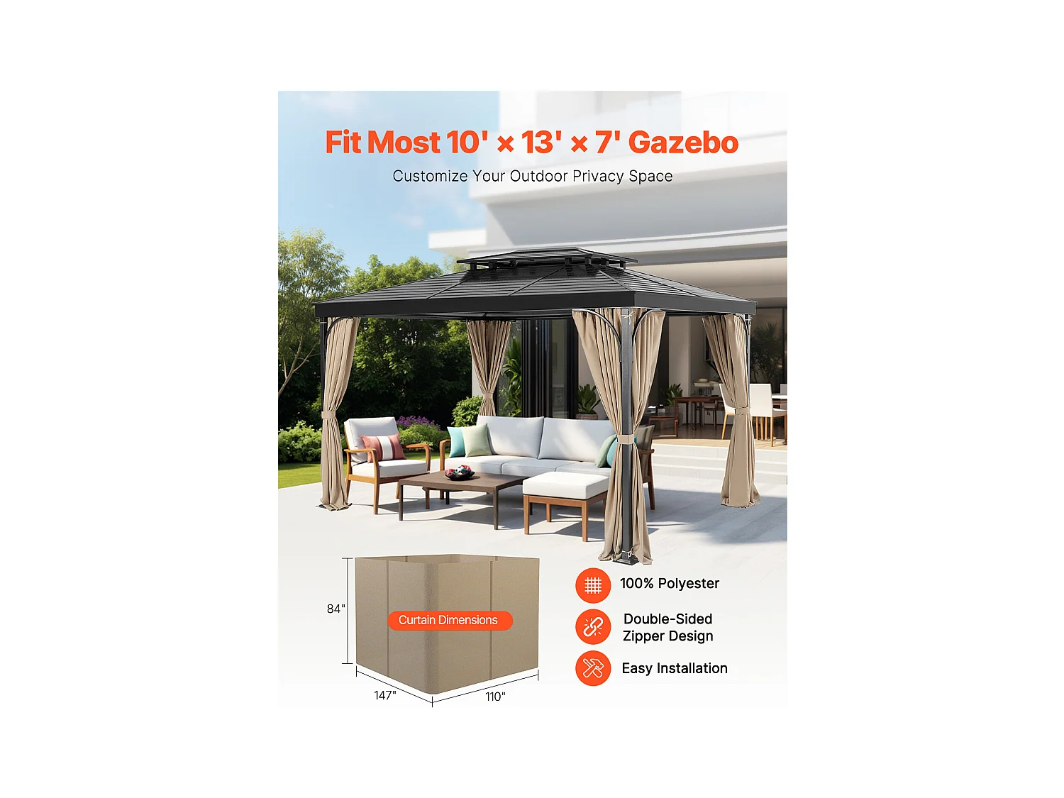 Rideau d'Intimité Imperméable Tonnelle SucceBuy Rideau d'Intimité pour Gazebo 396.24 × 304.8 × 213.36 Panneaux Extérieurs Imperméables Kaki