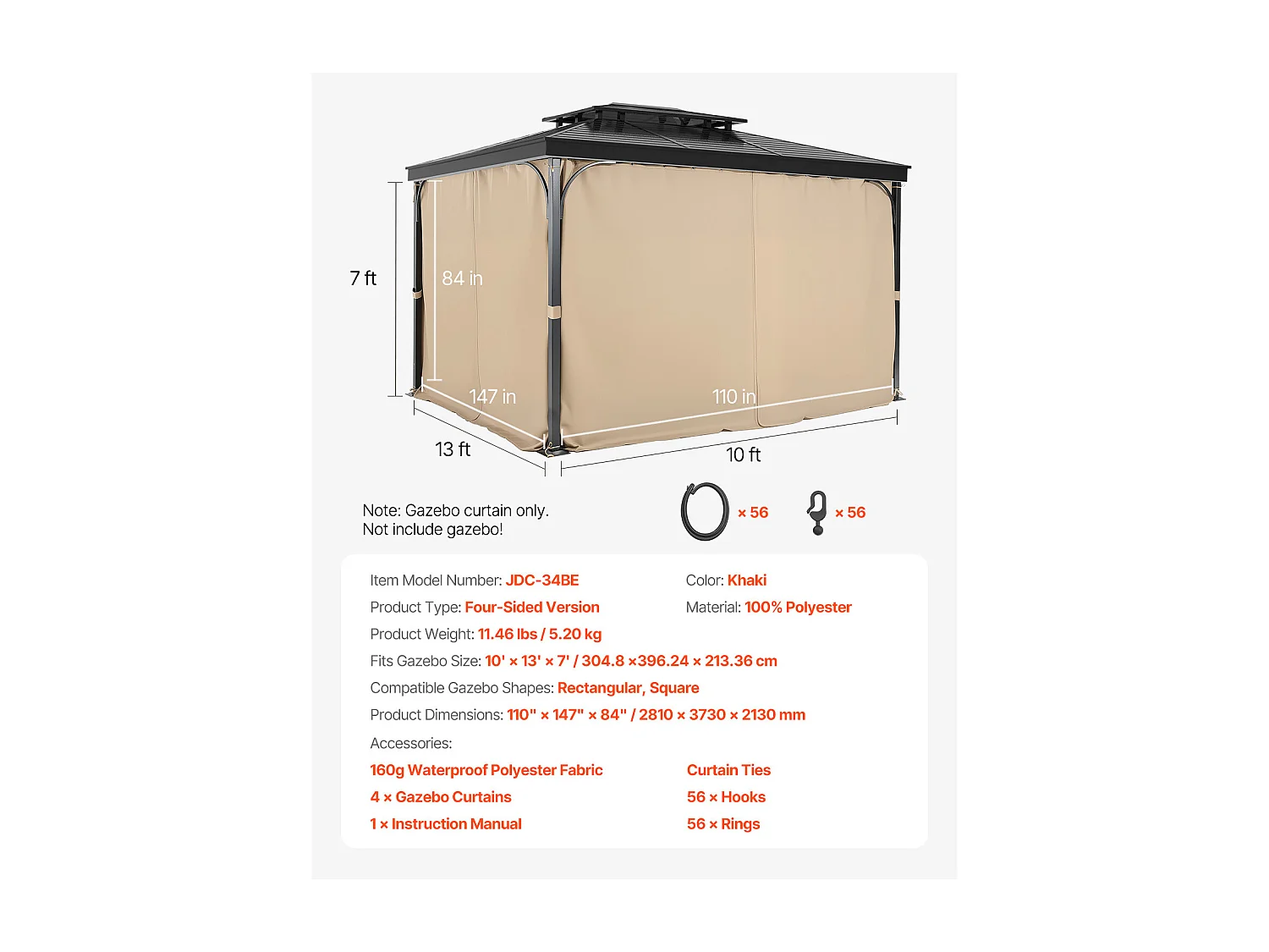 Waterdicht Privacygordijn voor Prieel SucceBuy Prieel Privacygordijn, 396.24 x 304.8 x 213.36 cm, Waterdichte Buitenpanelen, Khaki