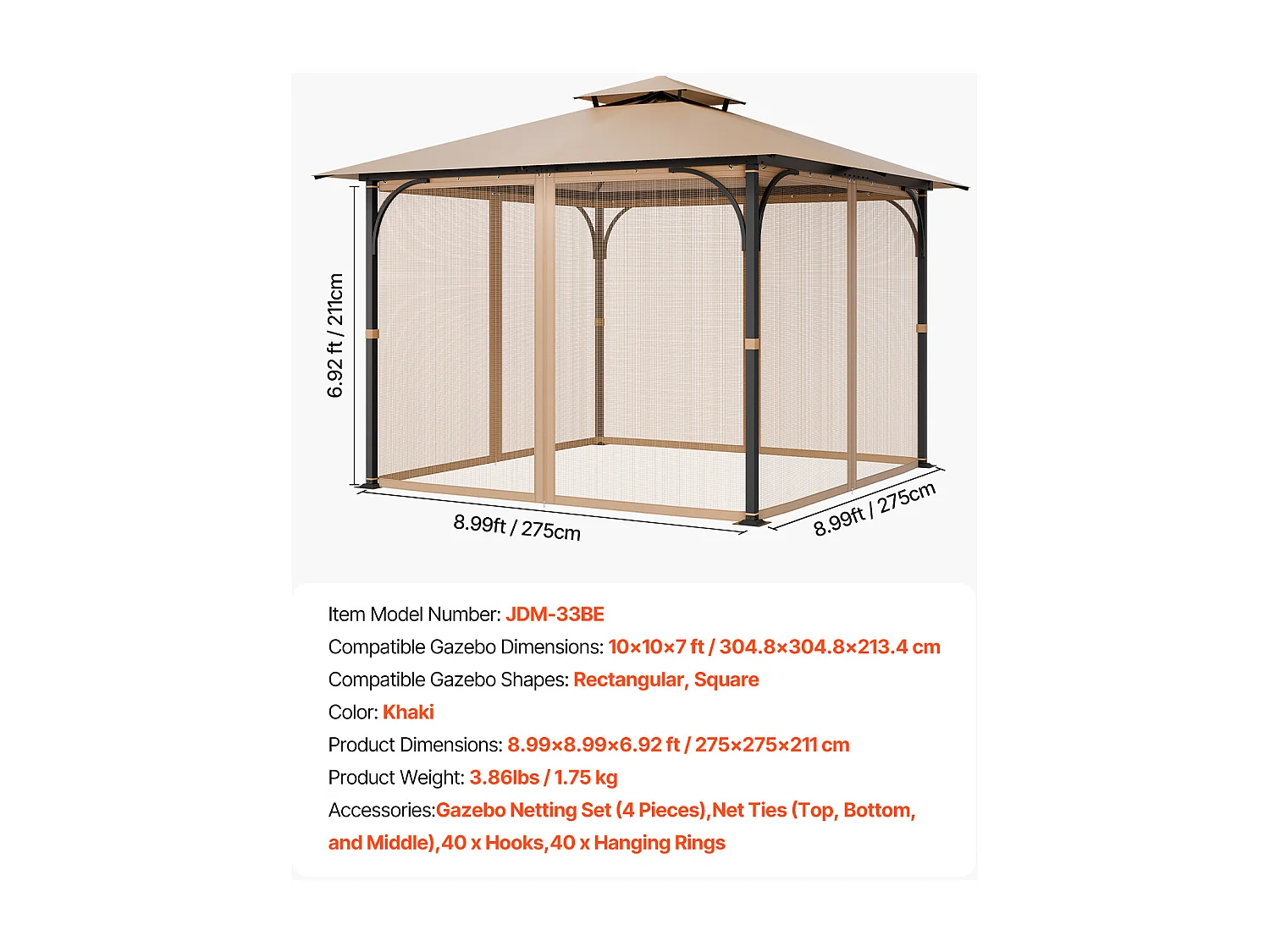 Tenda da Giardino SucceBuy Schermo per Gazebo da 305 x 305 x 213.5 cm, Rete a Maglie per Esterni con Doppia Cerniera, Tenda Anti-Insetti per Giardino e Patio