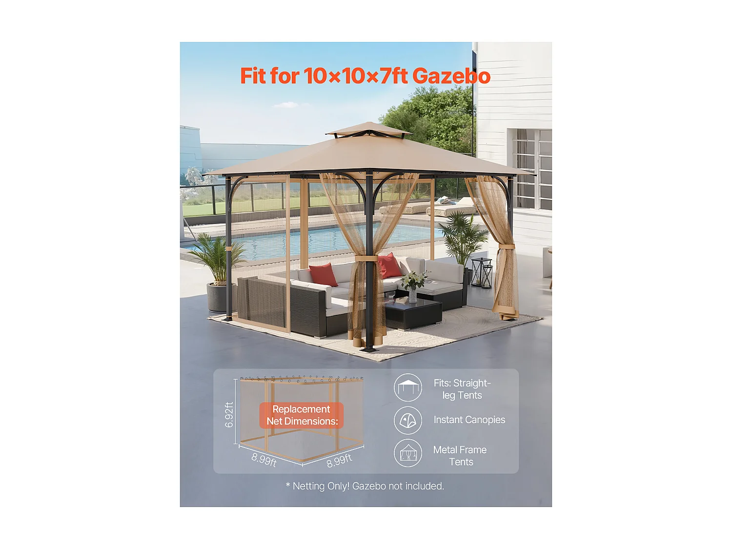 Tenda da Giardino SucceBuy Schermo per Gazebo da 305 x 305 x 213.5 cm, Rete a Maglie per Esterni con Doppia Cerniera, Tenda Anti-Insetti per Giardino e Patio