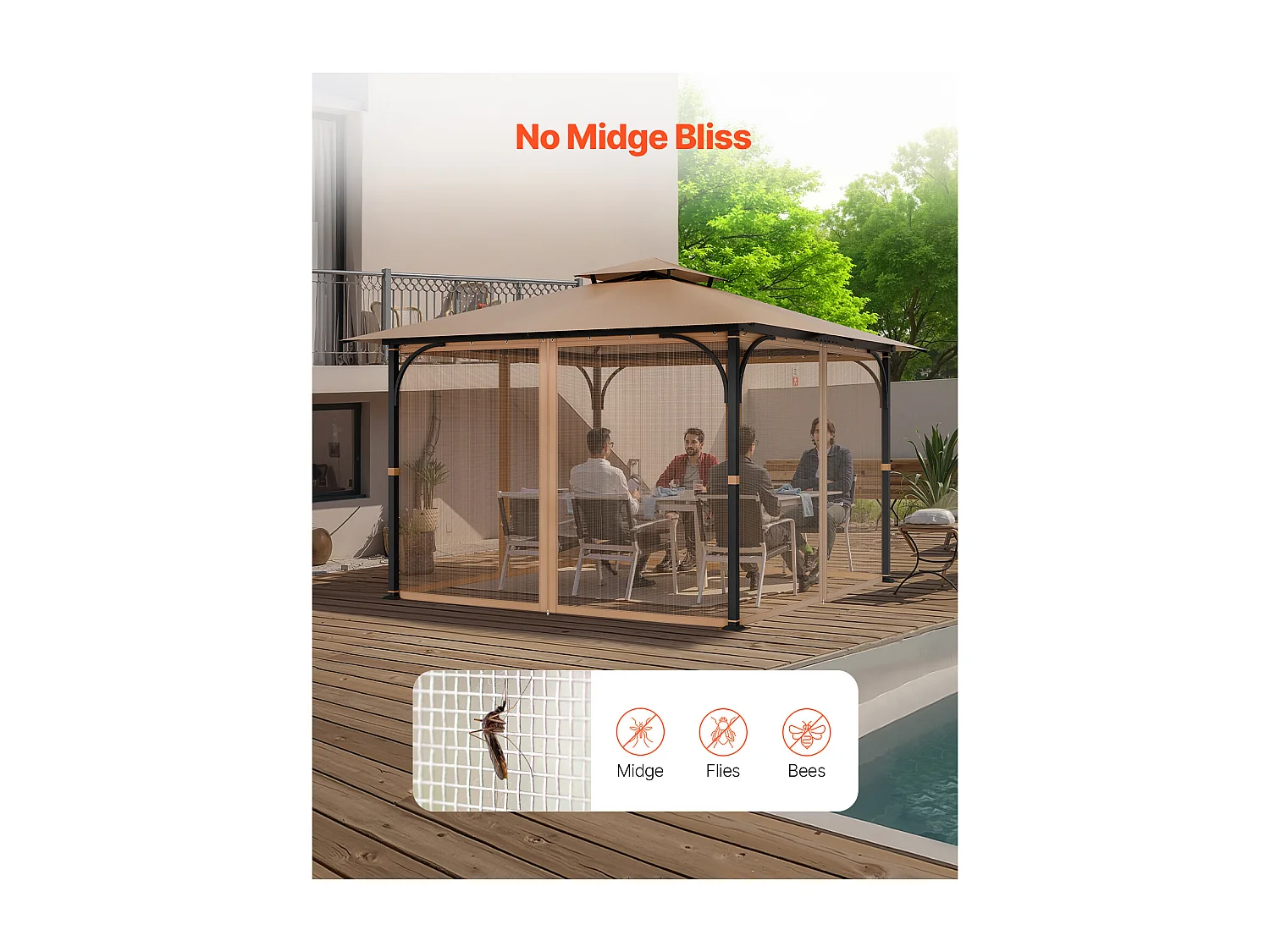 Tenda da Giardino SucceBuy Schermo per Gazebo da 305 x 305 x 213.5 cm, Rete a Maglie per Esterni con Doppia Cerniera, Tenda Anti-Insetti per Giardino e Patio