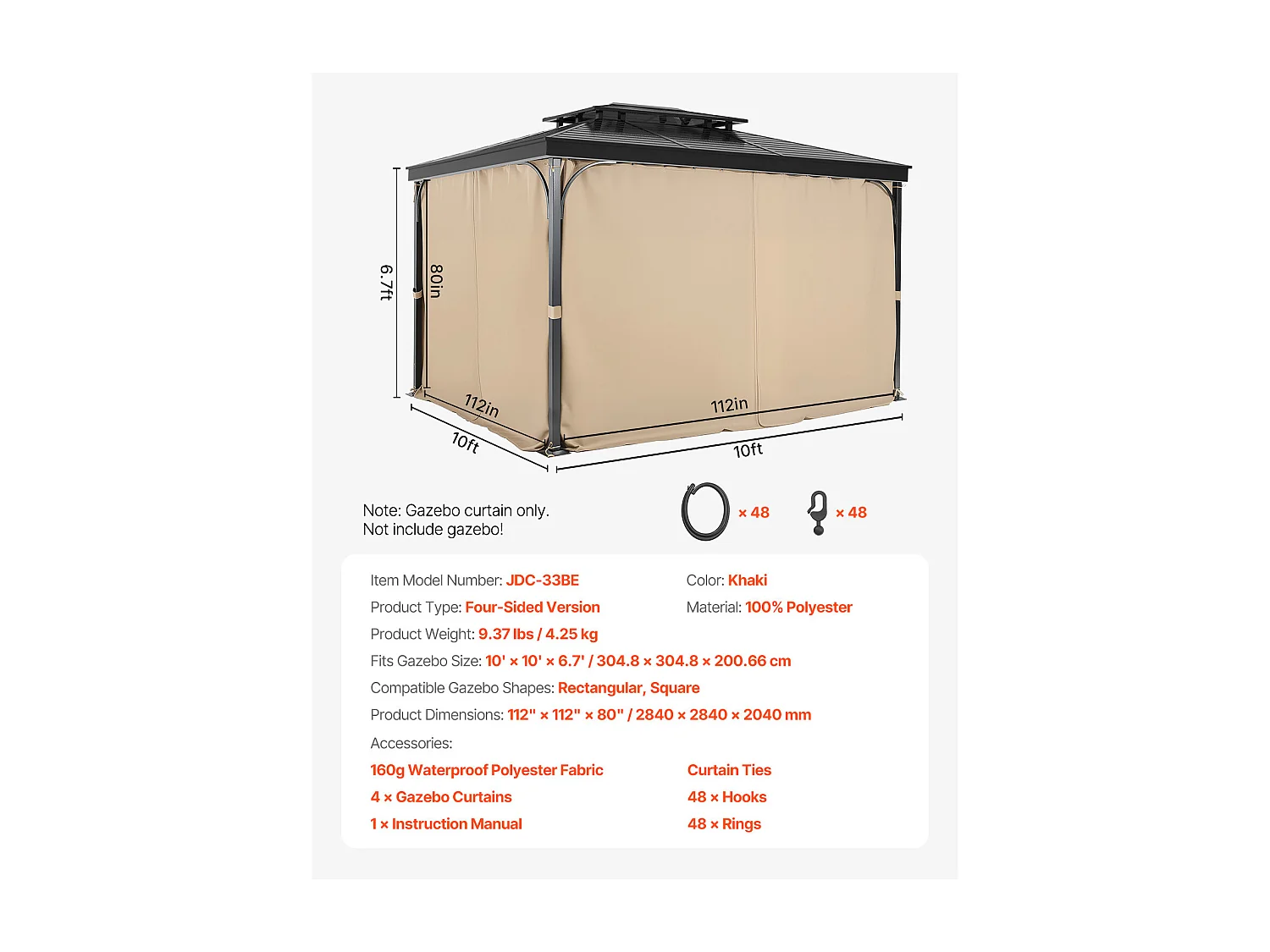 Wasserdichter Sichtschutzvorhang für Pavillon SucceBuy Sichtschutzvorhang für Den Außenbereich, 304.8 x 304.8 x 204.21 cm, Khaki