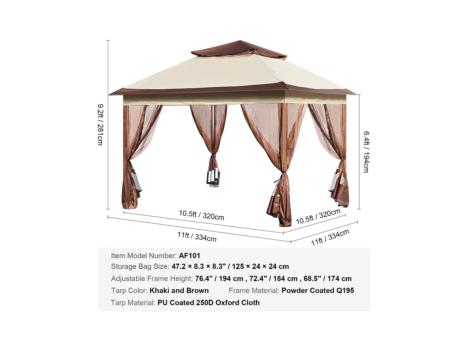 Tonnelle de jardin SucceBuy Tente de jardin Escamotable 335.28 x 335.28cm avec Filet en Maille, Convient pour 8 à 10 Personnes