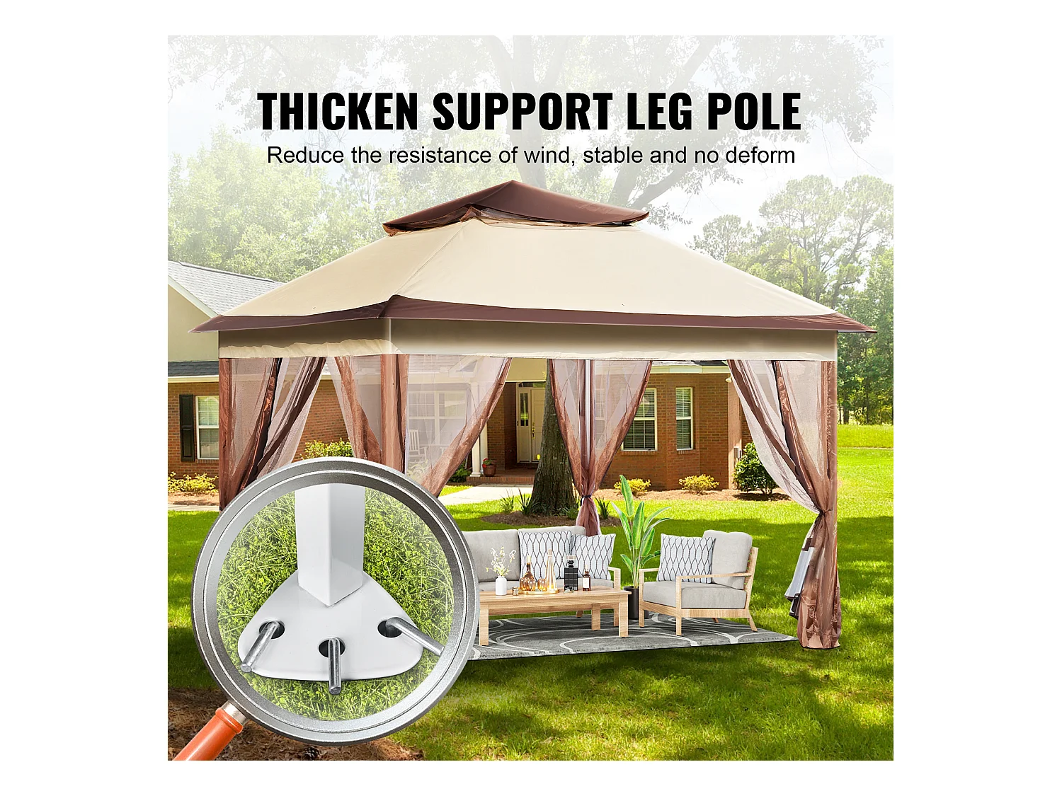 Tonnelle de jardin SucceBuy Tente de jardin Escamotable 335.28 x 335.28cm avec Filet en Maille, Convient pour 8 à 10 Personnes