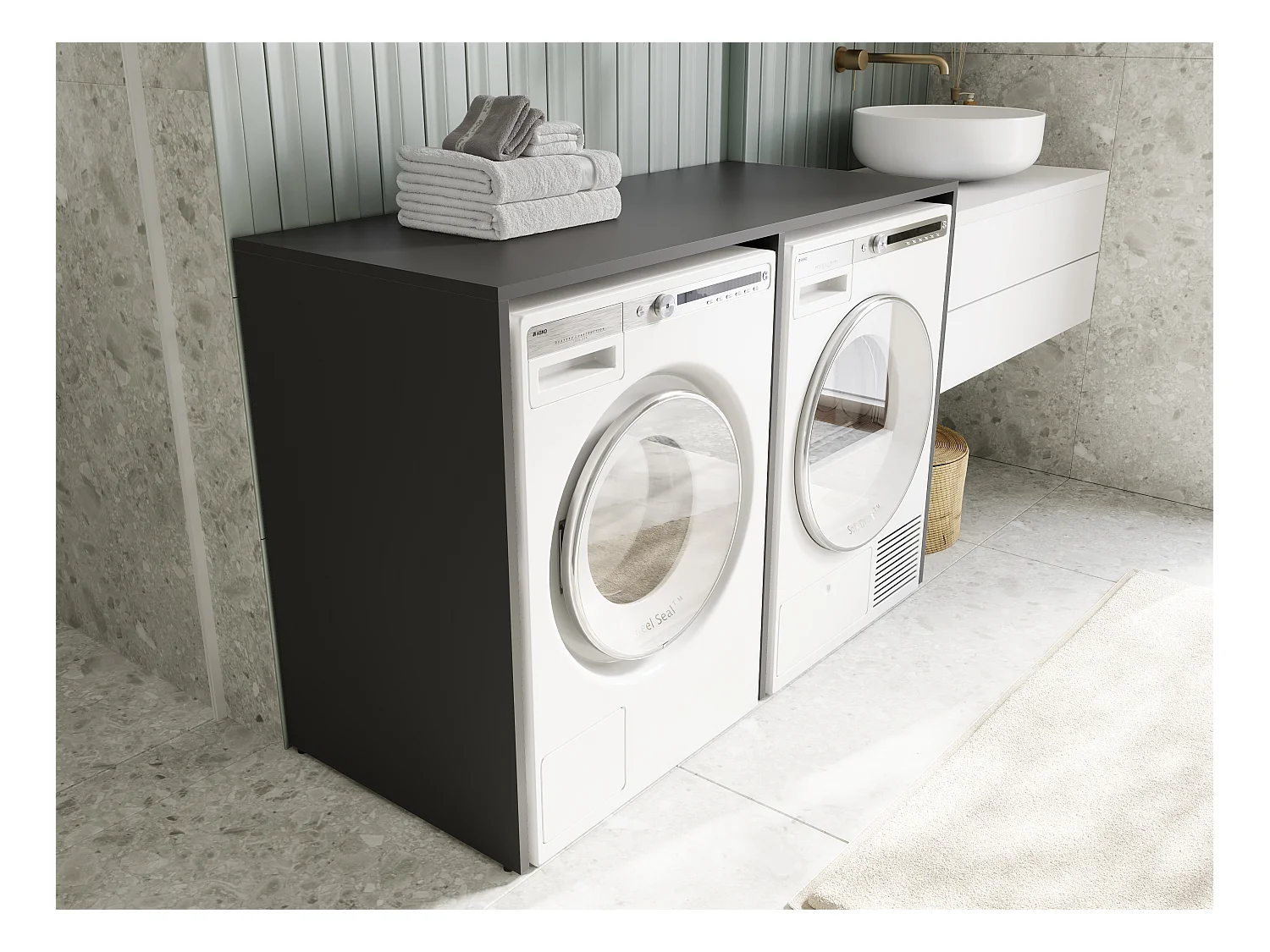 Waschmaschinenschrank 130 cm breit, geeignet für Waschmaschine & Wäschetrockner mit Staufach, Waschmaschinenschrank Überbauschrank