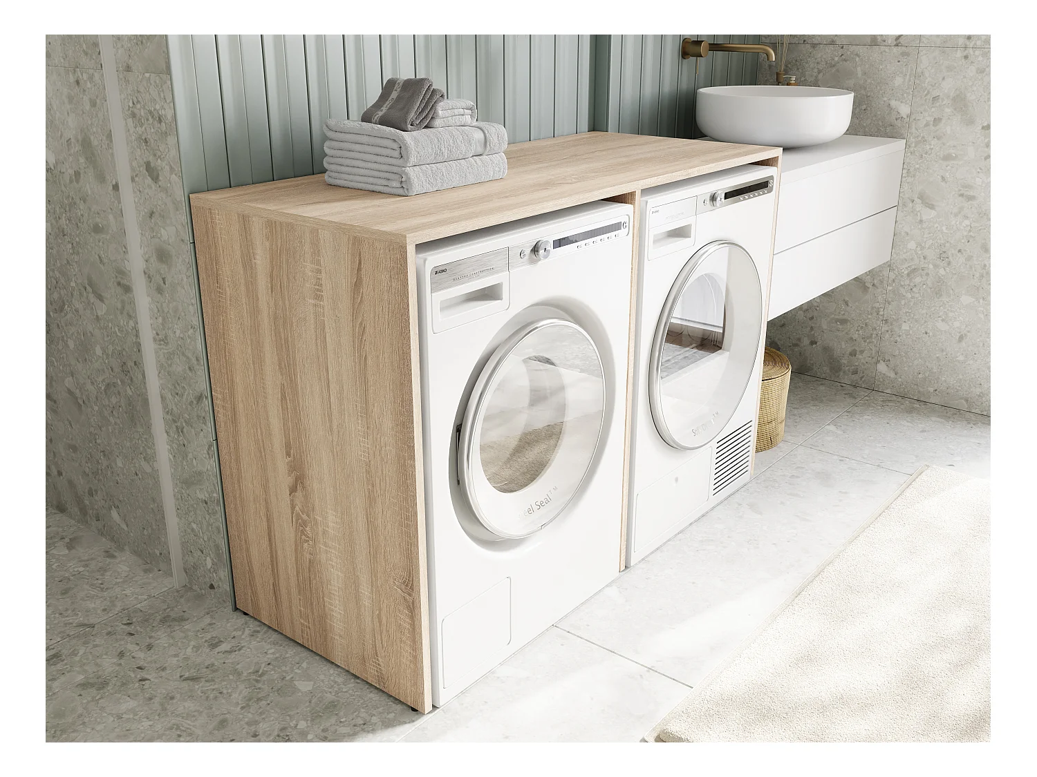 Waschmaschinenschrank 130 cm breit, geeignet für Waschmaschine & Wäschetrockner mit Staufach, Waschmaschinenschrank Überbauschrank