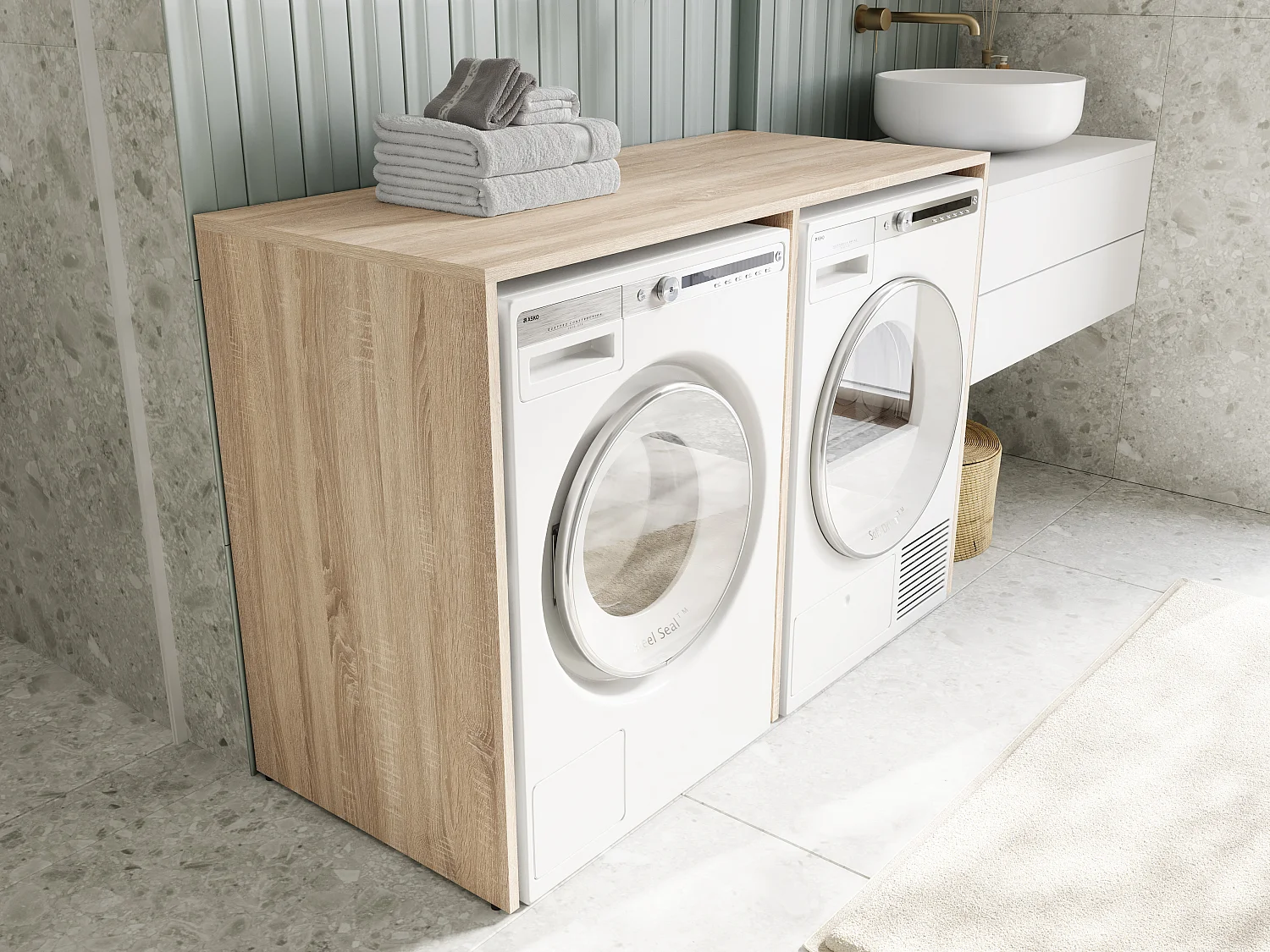 Armário para máquina de lavar de 130 cm, compatível com lavadora e secadora, com espaço de arrumação, armário superior