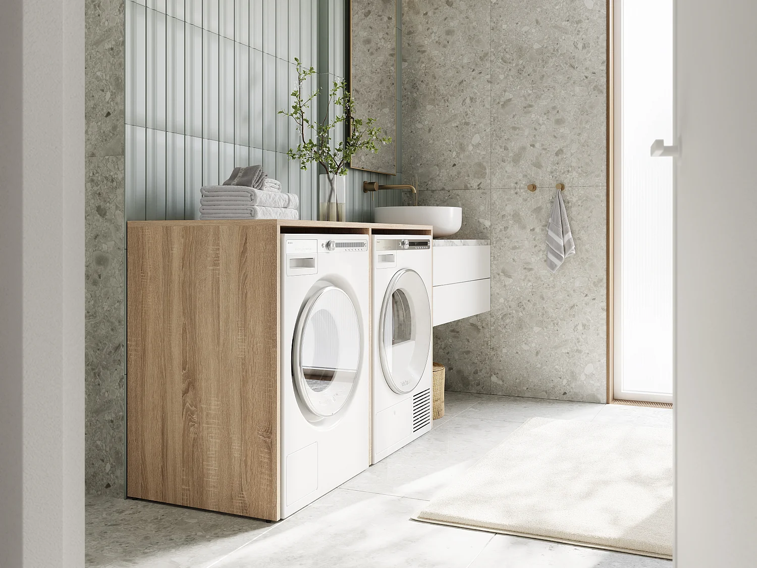 Armário para máquina de lavar de 130 cm, compatível com lavadora e secadora, com espaço de arrumação, armário superior