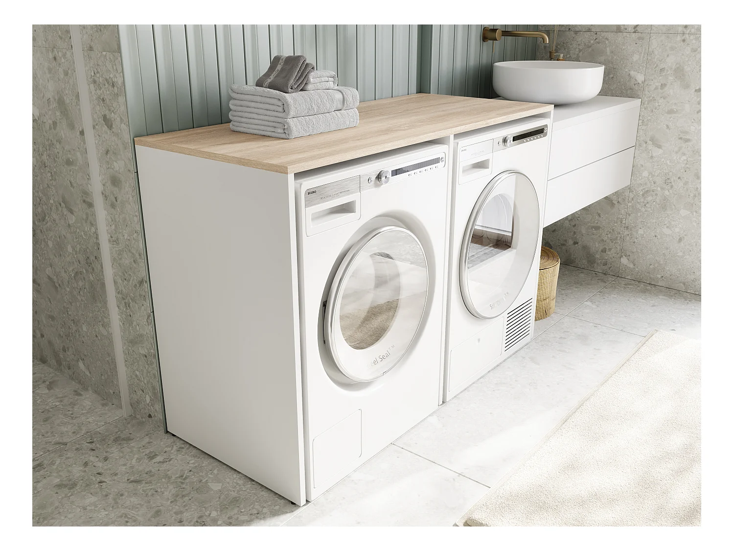 Waschmaschinenschrank 130 cm breit, geeignet für Waschmaschine & Wäschetrockner mit Staufach, Waschmaschinenschrank Überbauschrank