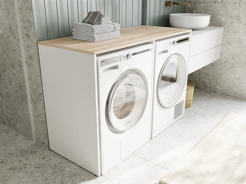 Wasmachinekast 130 cm breed, geschikt voor wasmachine en droger met opbergruimte, bovenkast voor wasmachine