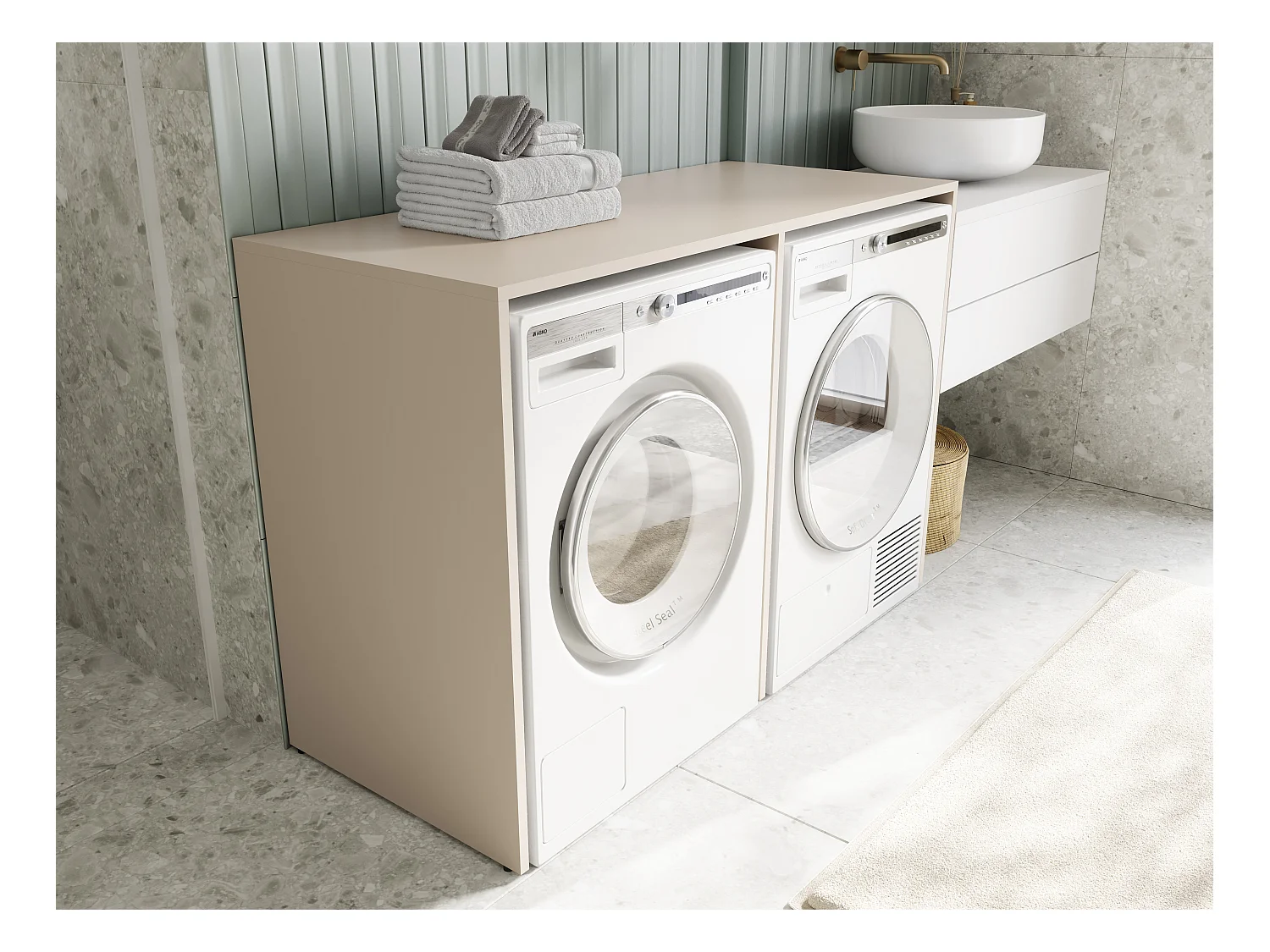 Waschmaschinenschrank 130 cm breit, geeignet für Waschmaschine & Wäschetrockner mit Staufach, Waschmaschinenschrank Überbauschrank